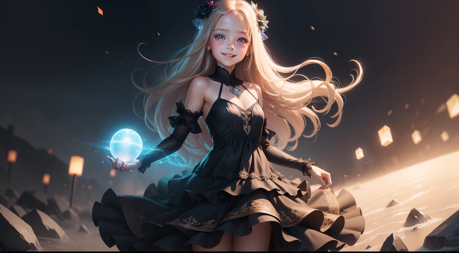Very beautiful 7 girl, glowing eyes, full body portrait, wearing a discreet dress, zoom, sexy face, sexy eyes, smiling mouth, glowing eyes, crystal eyes, super realistic, super detailed