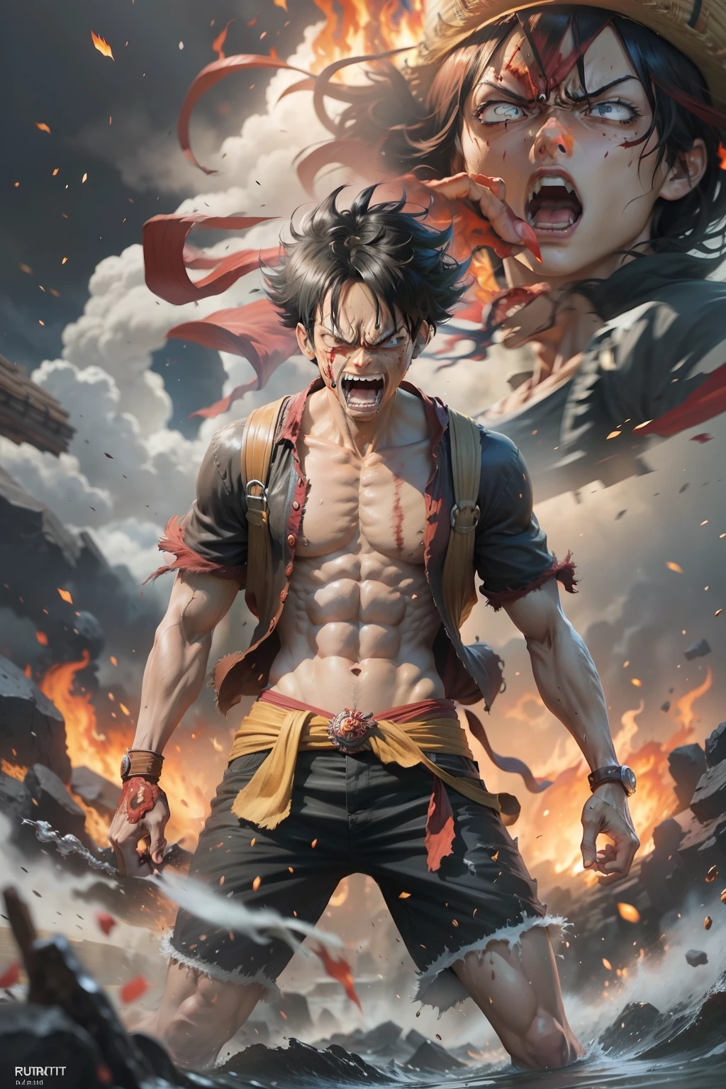 Design a gripping poster featuring Luffy from "One Piece" in a fit of rage. Capture the essence of his burning determination and unyielding spirit as he unleashes his wrath upon his enemies. Keep it short, bold, and intense to convey the raw power of Luffy's anger, realistic, detail hd, 70mm lens