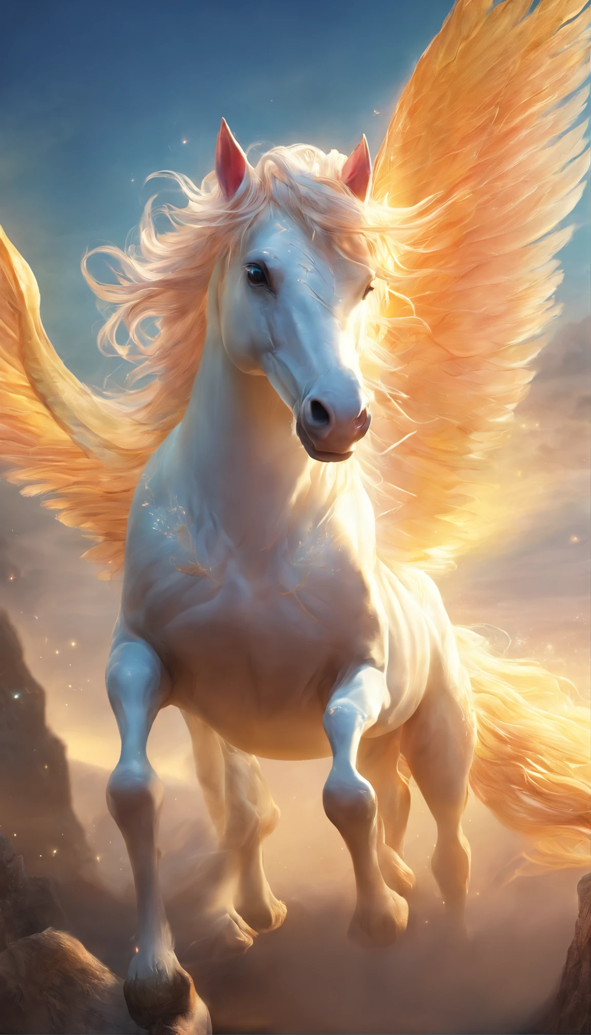 A creature like a unicorn,closeup cleavage,Take off and run,腾云驾雾,mighty,universe background,Starcloud,suns,rays of sunshine,heavenly body,(light and shadow effect),(Movie lighting),(Cinema4d),(Depth of field effect),(8k wallpaper),(rendering by octane),(dingdall effect),(Unreal 5),(masterpiece),Extremely detailed picture depiction,realisticlying