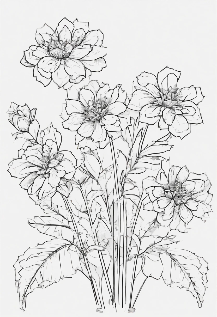 Clear black lines isolated on white background,Line drawing,color no,colorless,Coloring book for kids,White background,Cute Flowers,Pure white,dark lines,Easy coloring book