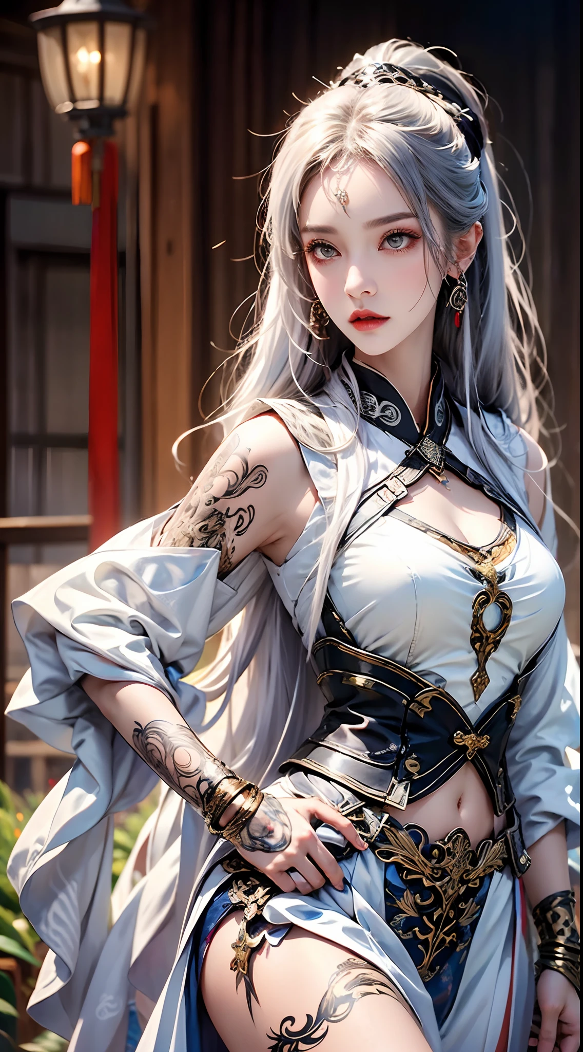 Photorealistic, high resolution, 1 woman, hips up, Beautiful eyes, Long hair, ringed eyes, jewelry, tattoo, hanfu, Chinese general, white hair