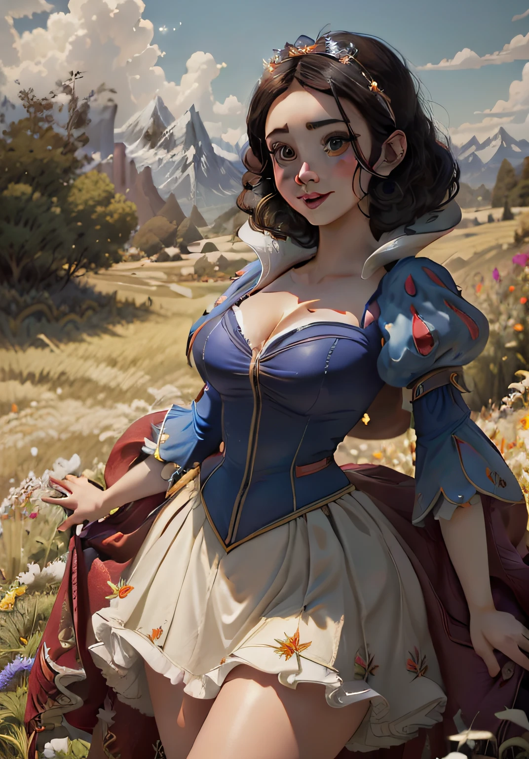 (Snow PrincessSW:1), 1Girl, Smile, :d, Sexy, looking up at viewer, (one-piece, puffy short sleeves, skirt:1.2), From below, magia, (Sexy Pose:1.2), (Big breasts), appealing, Big Eyes, ((Cute)), thick-thighs,
(realisitic:1.2), (realism), (Masterpiece:1.2), (Best Quality), (The ultra-detailliert), (8K, 4k, intrikate),(full body shots:1),(cowboy shots:1.2), (85mm),light particles, illumination, (highly detaild:1.2),(Detailed face:1.2), (Gradient), BAPV, colourfull, (Detailed Eyes:1),
(Detailed Ladscape, borgar, field, grass, mountains, Flowers:1.2), (sky, clouds:1.2),(detailed background),detailed landscape, (Dynamic Angle:1.2), (Dynamic Pose:1.2), (rule of third_Composition:1.3), (Line of action:1.2), wide shot, day light, Solo,