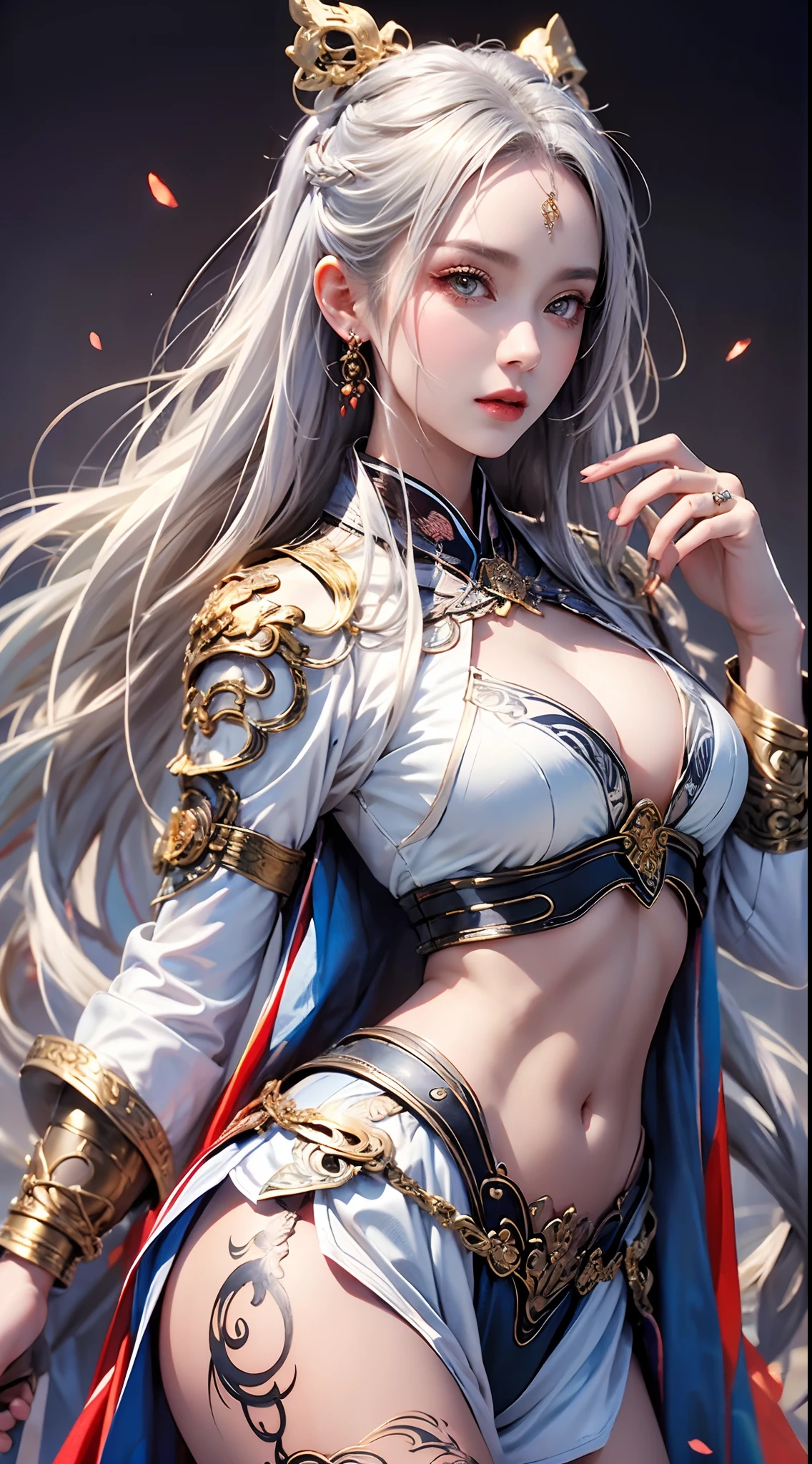 Photorealistic, high resolution, 1 woman, hips up, Beautiful eyes, Long hair, ringed eyes, jewelry, tattoo, hanfu, Chinese general, white hair