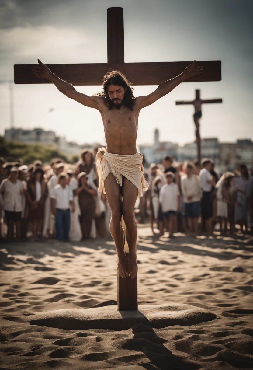 Jesus Christ crucified a Japanese schoolgirl on the cross, Buenos Aires, carnival, midi, Beach