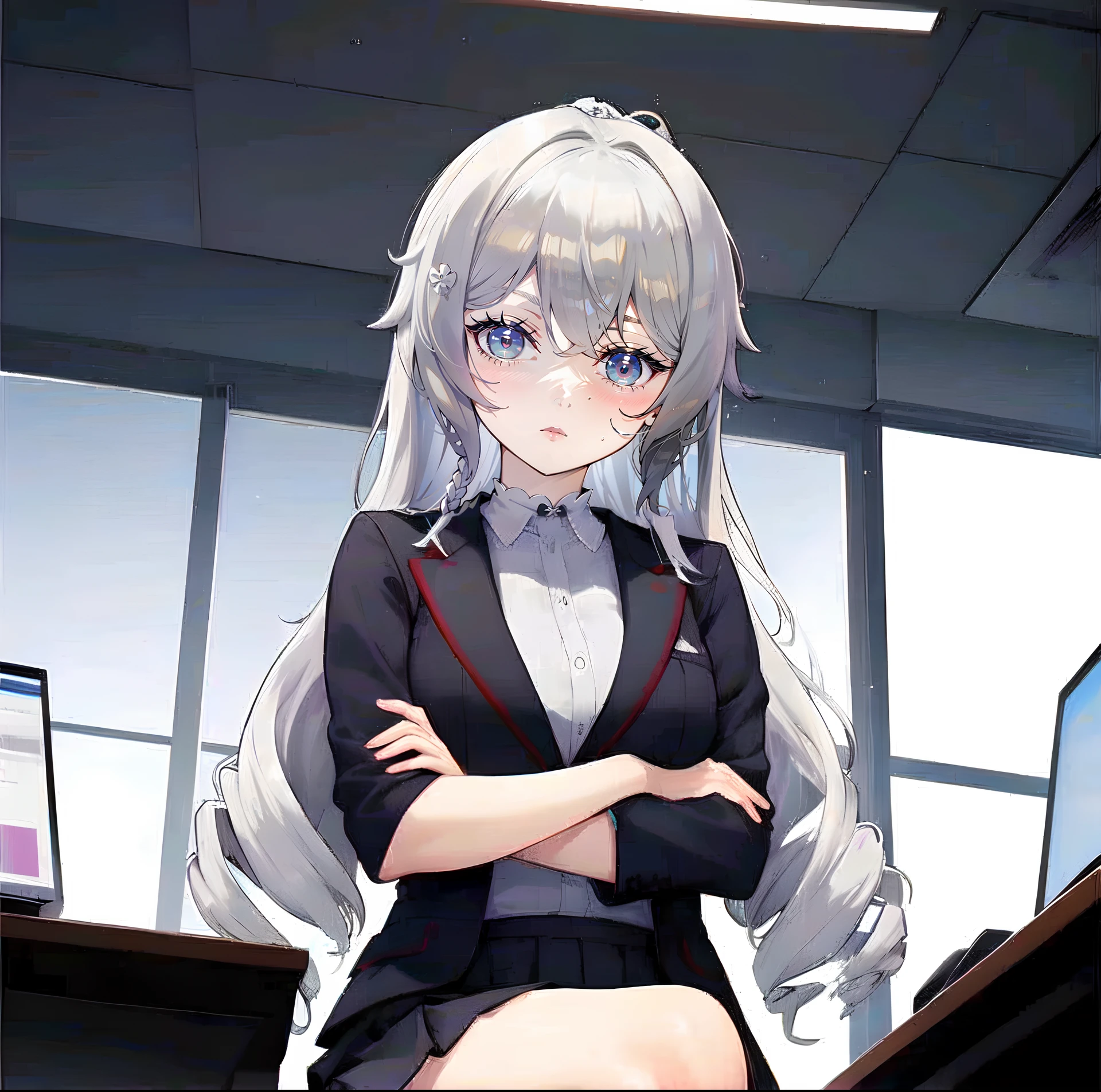 , masterpiece,white hair, gold eyes,white clothes, looking up, upper body,hair strand,Fair skin,side braids