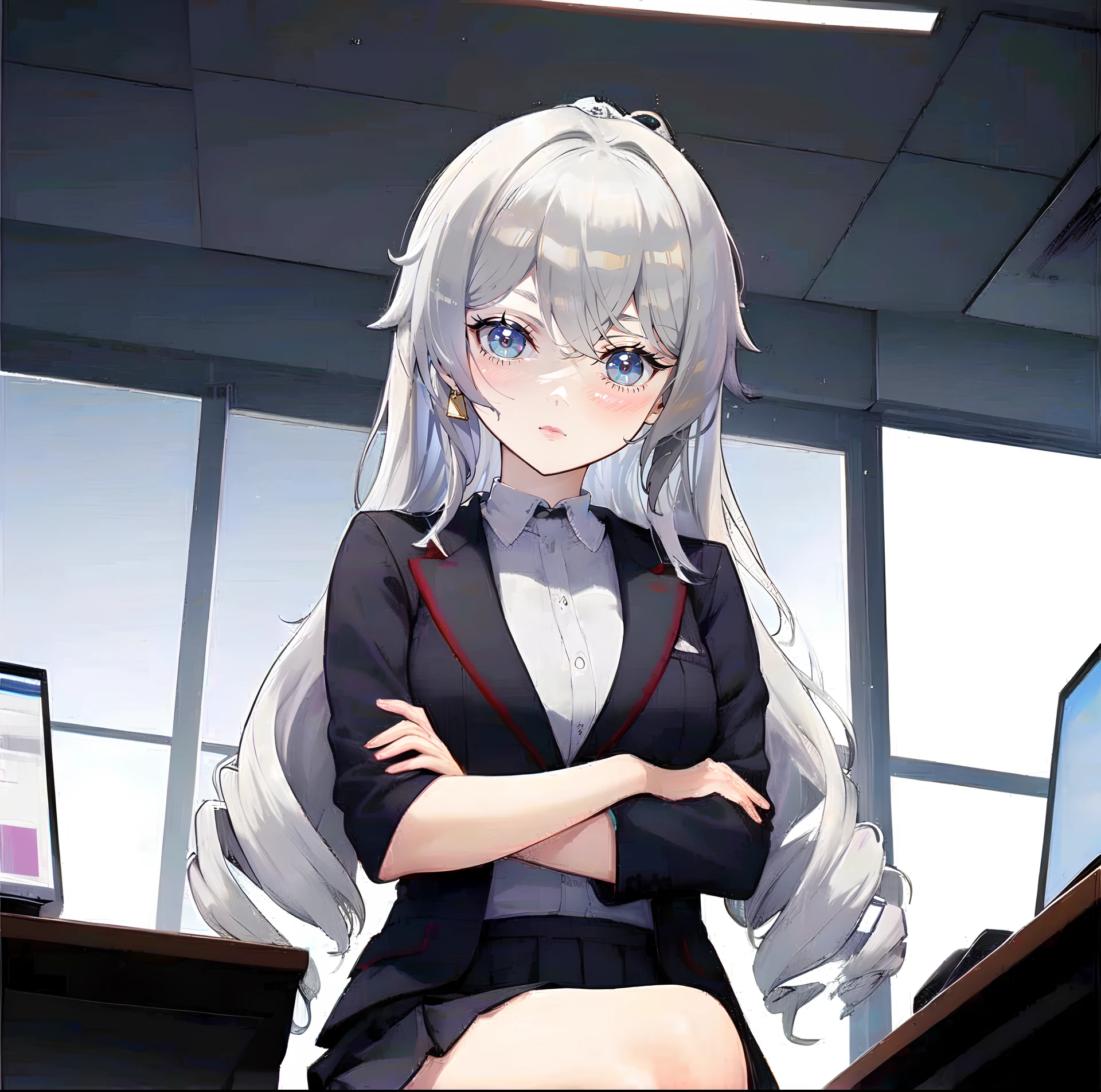 , masterpiece,white hair, gold eyes,white clothes, looking up, upper body,hair strand,Fair skin,side braids