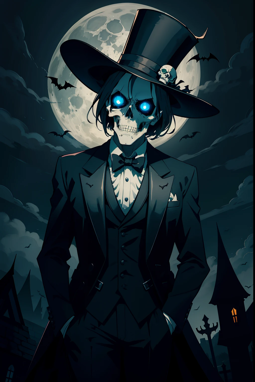 A creepy undertaker with a skull for a head, wearing a tuxedo and top hat, holding a leg bone, background is a full moon and bats, mood is morbid, shadowy, dreadful, gloomy, haunting, dark stormy sky, dramatic lighting, character design.