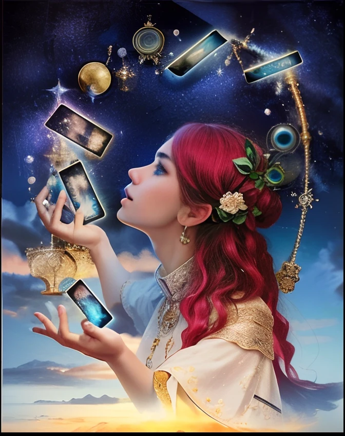 Painting of a woman holding a cat and a phone in her hand, Arte do Tarot, as a tarot card, Tarot card art, The Oracle of Ancient Wisdom, tarot style, Tarot cards, tarot cards characters, tarot cards!!, Whirlwind of Tarot Cards, adivinho, Deusa da sabedoria, A Alta Sacerdotisa, tarot card style, Sky of the main arcana Realism, renderizado, Alto contraste, digital art photographyrealistic trend in Artstation 8k HD high definition detailed realistic, detalhado, textura da pele, hiper detalhado, textura de pele realista, armadura, melhor qualidade, ultra high-resolution, (fotografiarrealista: 1.4), alta resolução, detalhado, Calado bruto, sharp re, por lee jeffries Nikon D850 Filme Fotografia de Stock 4 Kodak Portra 400 Lente F1.6 Rich Colors Realistic Texture Dramatic Texture Dramatic Lighting Irrealengine Trend on Artstation Cinestill 800