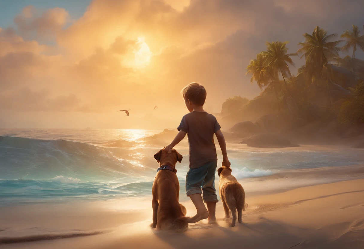 6 YEAR OLD BOYS playing AT THE BEACH with dog, deep color, fantastical, intricate detail, splash screen, complementary colors, fantasy concept art, resolution concept art portrait by Greg Rutkowski, Artgerm, WLOP, Alphonse Mucha dynamic lighting hyperdetailed intricately detailed Splash art trending on Artstation triadic colors Unreal Engine 5 volumetric lighting"