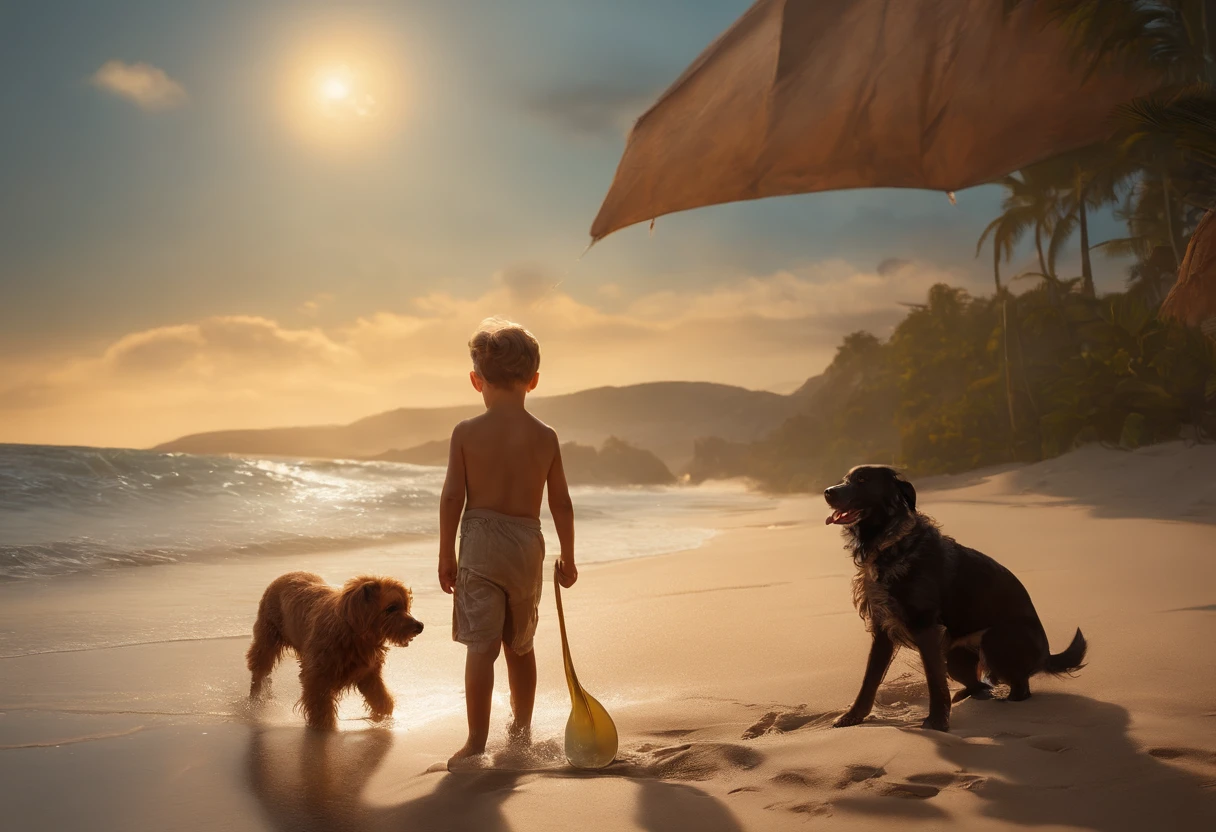 6 YEAR OLD BOYS playing AT THE BEACH with dog, deep color, fantastical, intricate detail, splash screen, complementary colors, fantasy concept art, resolution concept art portrait by Greg Rutkowski, Artgerm, WLOP, Alphonse Mucha dynamic lighting hyperdetailed intricately detailed Splash art trending on Artstation triadic colors Unreal Engine 5 volumetric lighting"