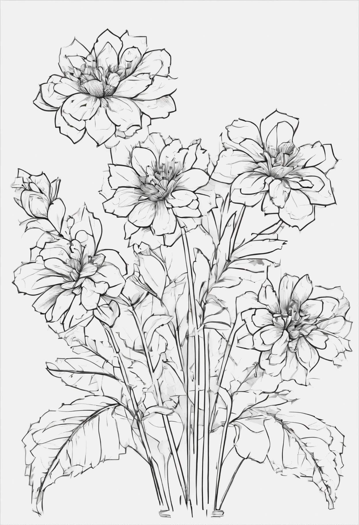 Clear black lines isolated on white background,Line drawing,color no,colorless,Coloring book for kids,White background,Cute Flowers,Pure white,dark lines,Easy coloring book