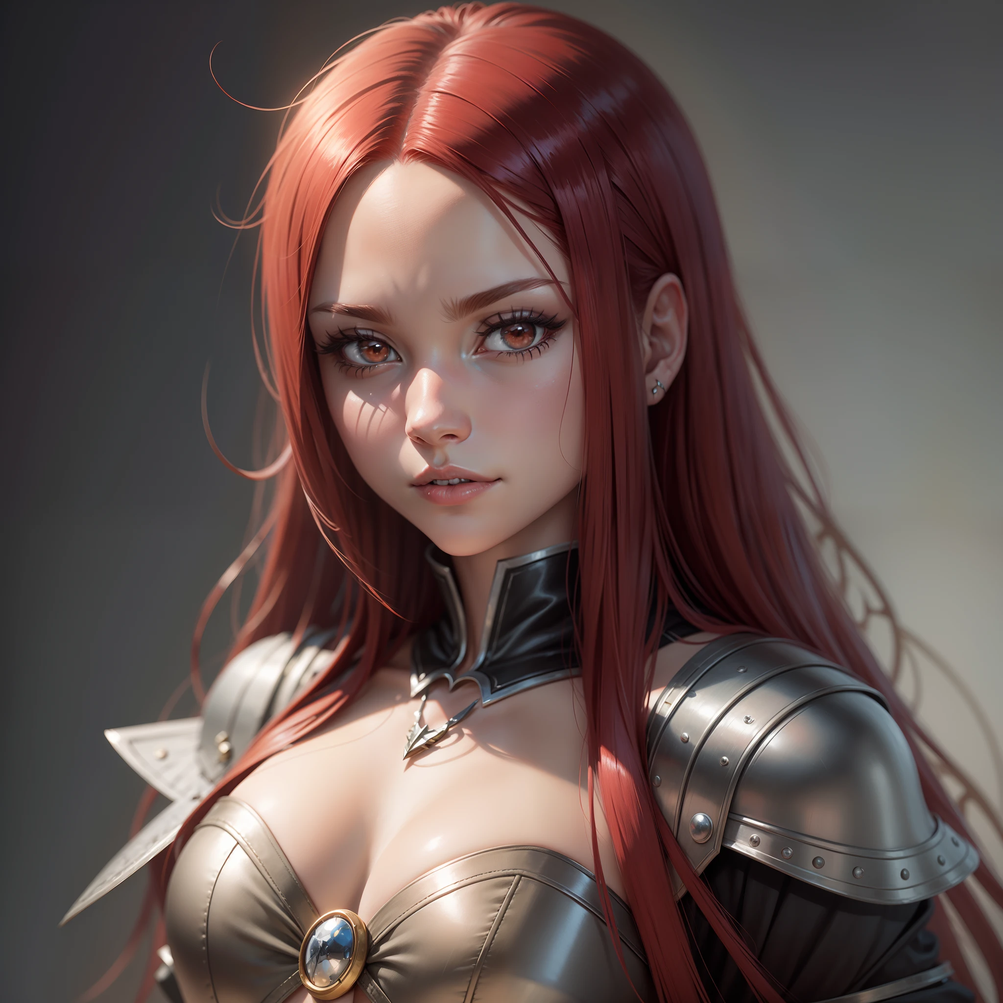 Create a semi-realistic image with oil painting of the character Erza Escarlet from the Fairy Tail anime