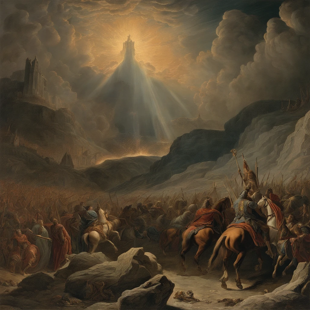 Apocalipse a batalha final, With angels blowing trumpet and horsemen of the apocalypse according to the Holy Bible Illustration by Gustave Dore