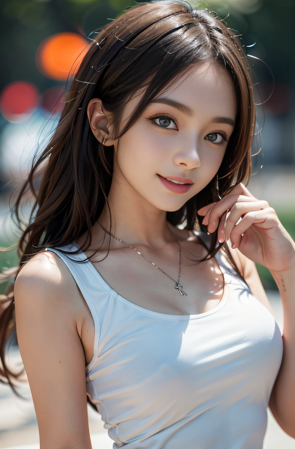 best qualtiy, tmasterpiece, 1girll, beauitful face, (photograph realistic:1.3), edge lit, (highdetailskin:1.2), 8K, Ultra HD, digital SLR camera, high high quality, A high resolution, 4K, 8K, Bokeh, absurderes, Optimal proportions of four fingers and one thumb, (realisticlying:1.3), Cute 1girl, dressed in a white t-shirt, mediuml breasts, Short white dress,A smile of pure sunshine,