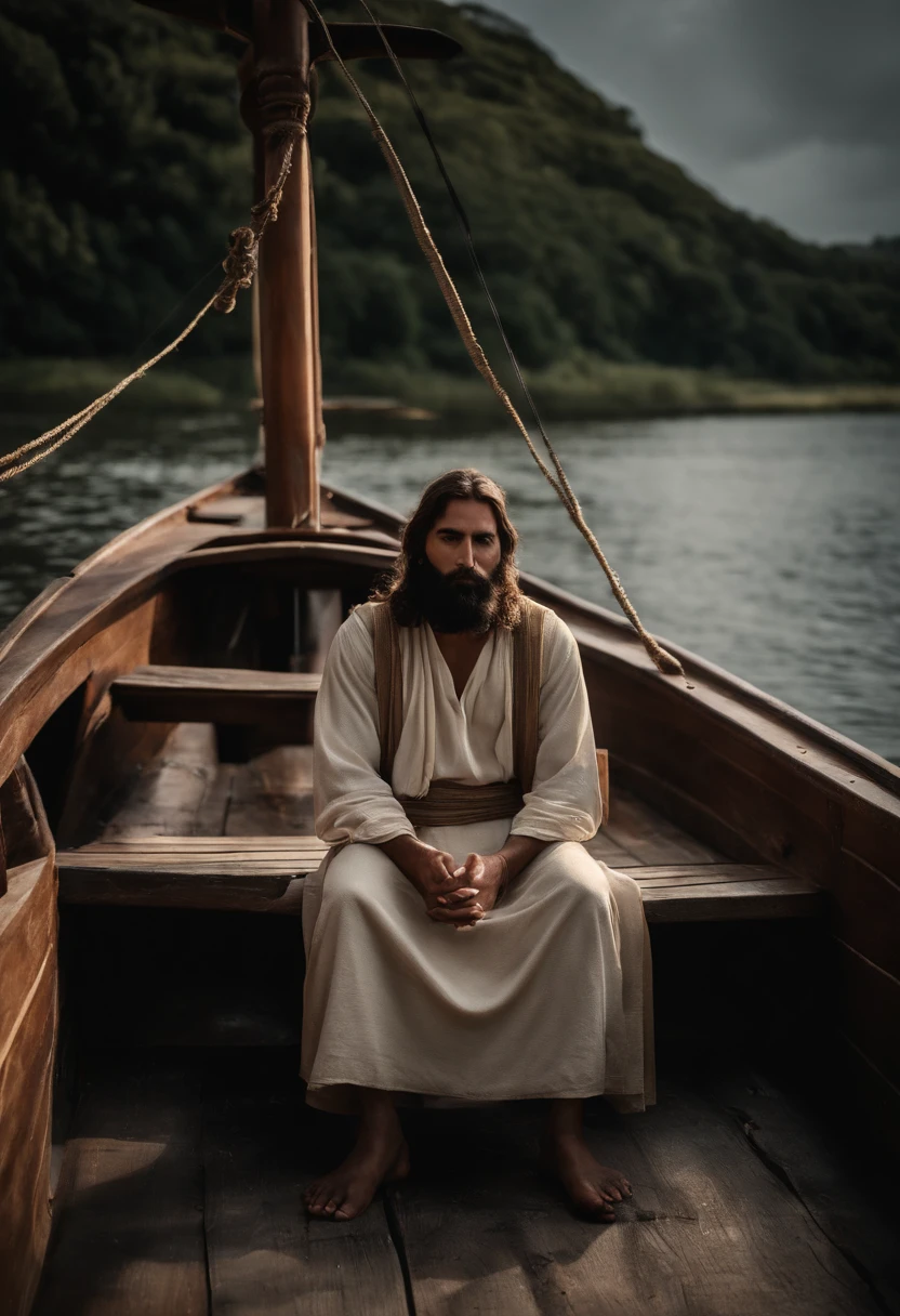 desertion、Jesus、Broken chain、((motion-blur:1.5, Broken Chain in foreground:1.5)), blurred foreground, (focus on Jesus:1.3)