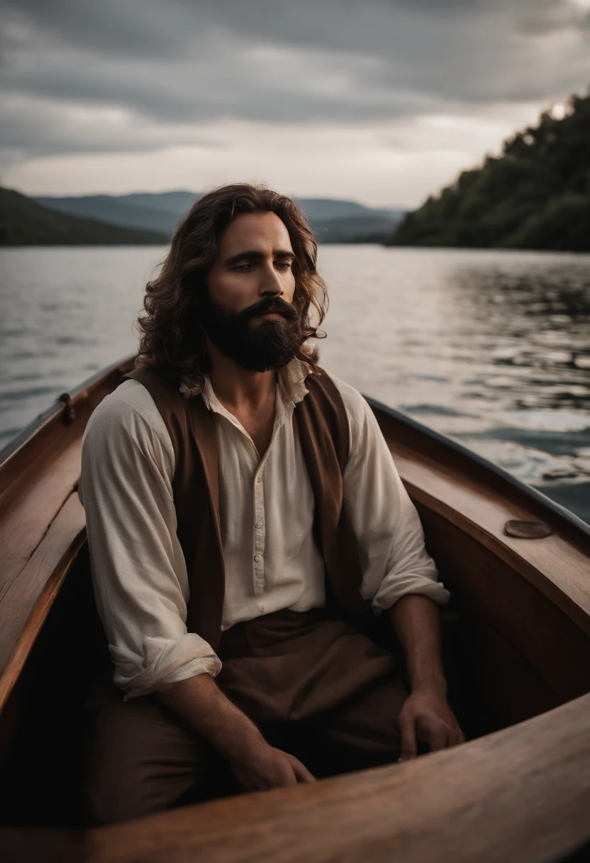 Jesus, sentado dentro de um barco de frente com as suas vestimentas , O barco tem um teto e ele tem uma vela ao lado, the boat is on a river, The bench he's sitting on is very humble;, Wise, cabelos compridos barba e bigode pretos
