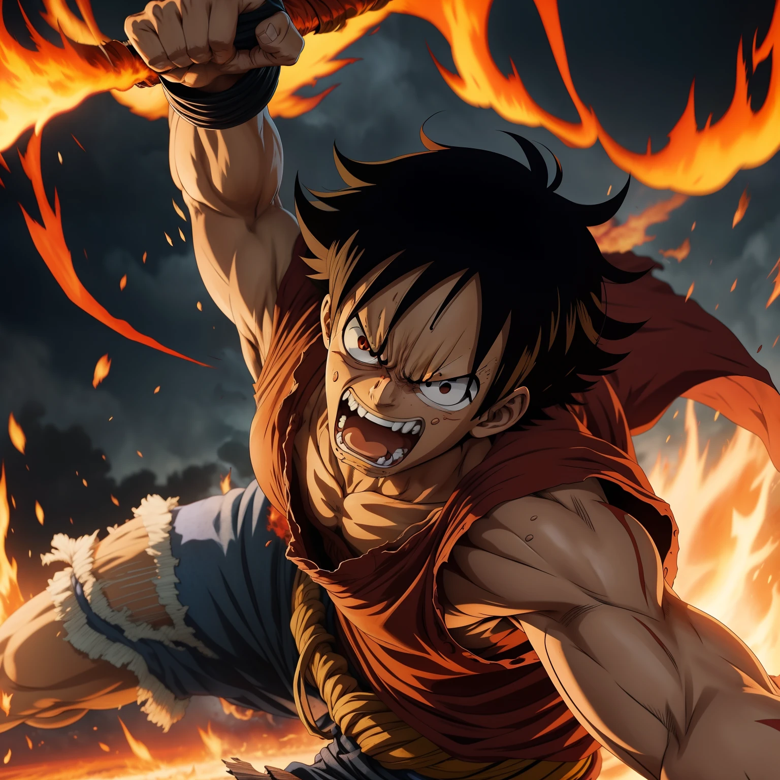 Design a gripping poster featuring Luffy from "One Piece" in a fit of rage. Capture the essence of his burning determination and unyielding spirit as he unleashes his wrath upon his enemies. Keep it short, bold, and intense to convey the raw power of Luffy's anger.