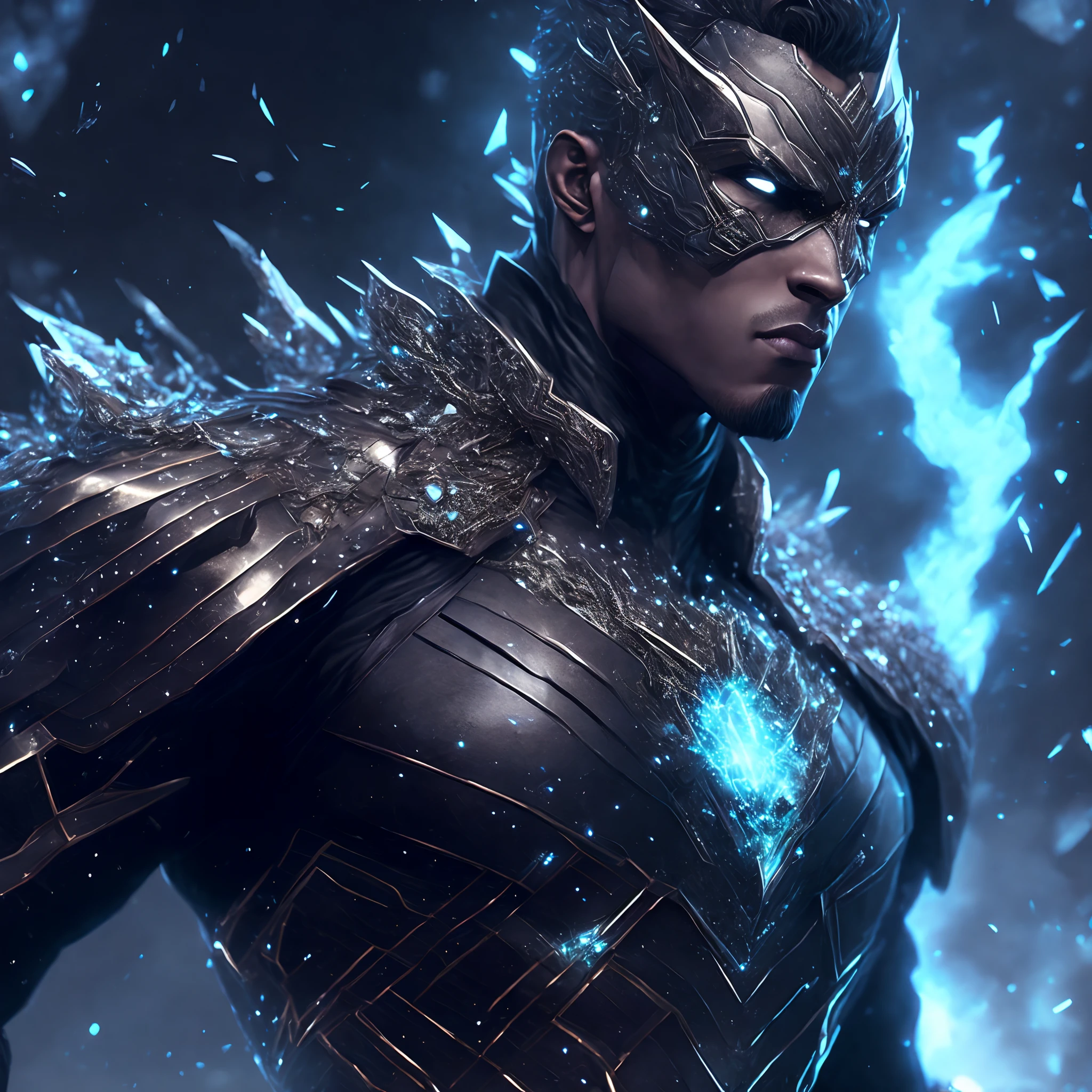 Close-up ( Black Diamond man from Marvel in Goth style: 1.3) emerging from the precious crystal world, extremely detailed, ice storm, sparks, metal shavings, flying debris, volumetric light