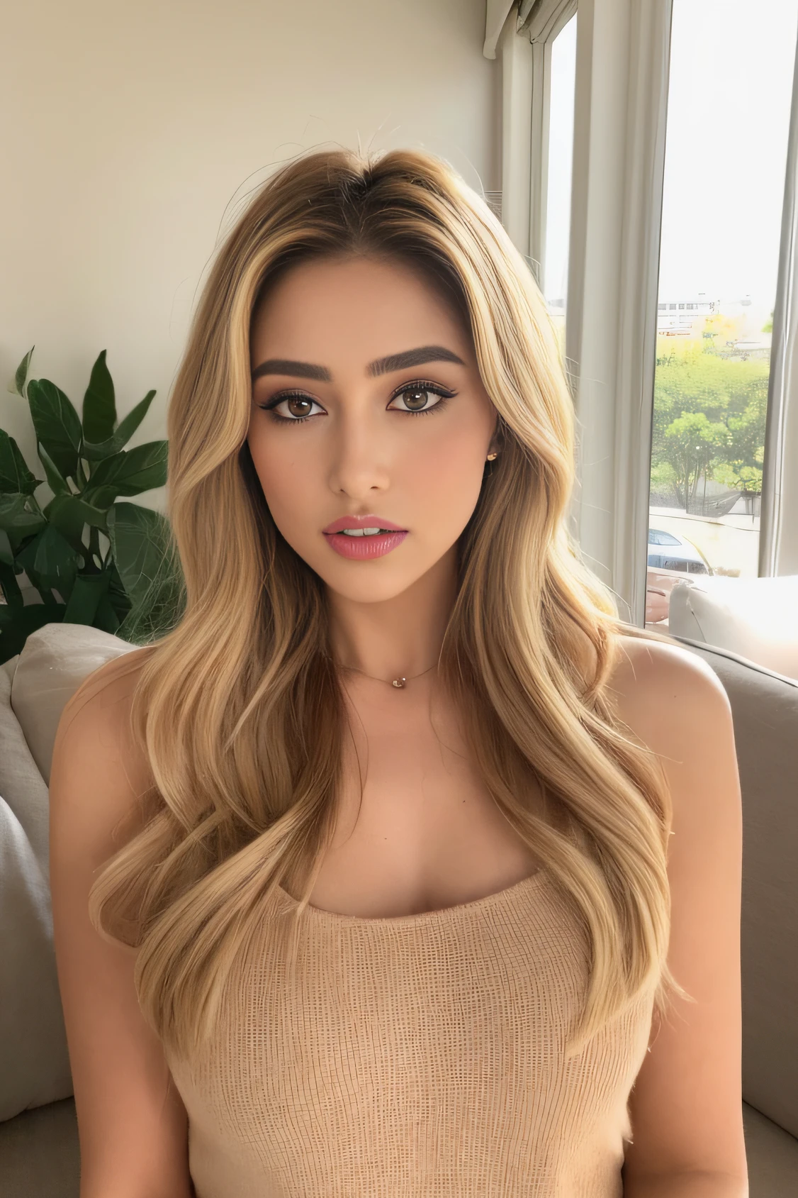 arafed woman posing for the camera in sunny living room while doing her makeup, a portrait inspired by Gina Pellón, instagram, tachisme, violet myers, lorena avarez, olivia culpo, alanis guillen, looks like laura barriales, portrait sophie mudd, tanned ameera al taweel, beautiful indian woman, blonde hair