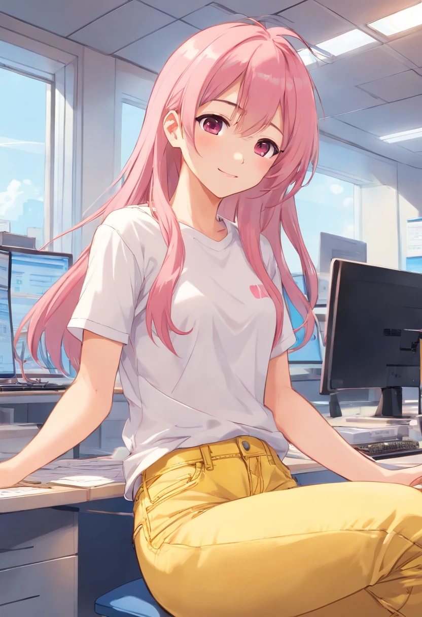 A pink long-haired beauty in a white t-shirt and yellow jeans sitting in the office is happy
