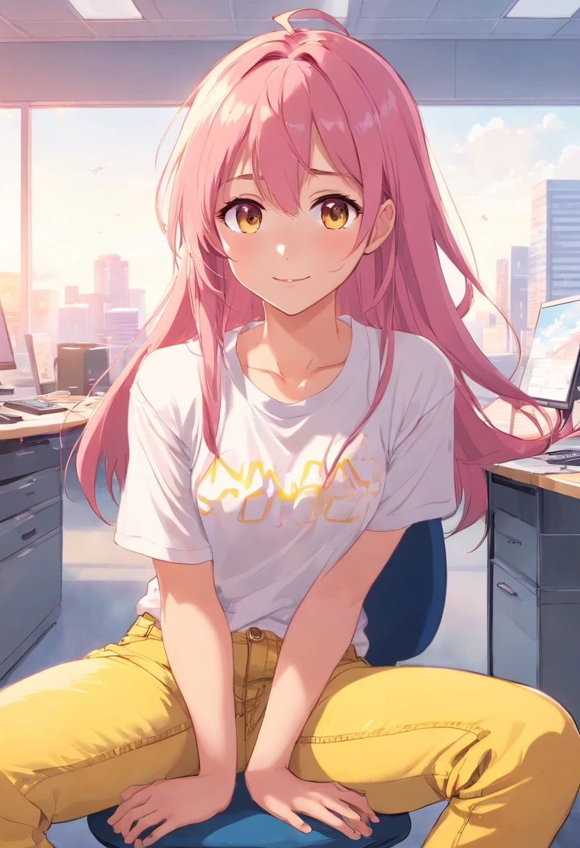 A pink long-haired beauty in a white t-shirt and yellow jeans sitting in the office is happy