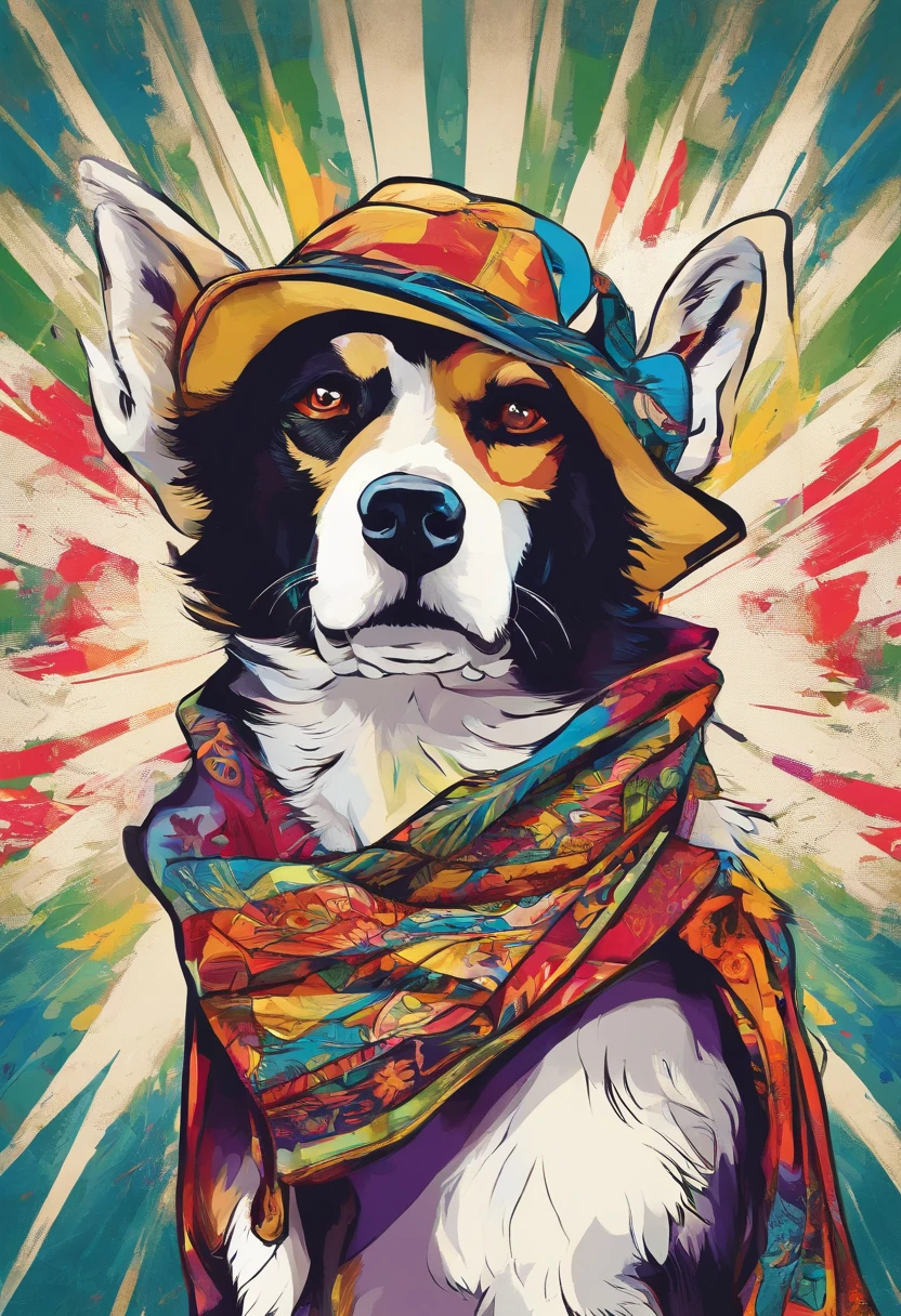 a painting of a dog wearing a hat and scarf, trending on art station, Vestido com roupas punk, detailed hyper-realistic rendering, British gang member, estilo de rua, pose intimidadora, Planeta dos Gatos, roupas com moda, samurai urbano, miau, West Slavic features, 8 1 5, Animacoes