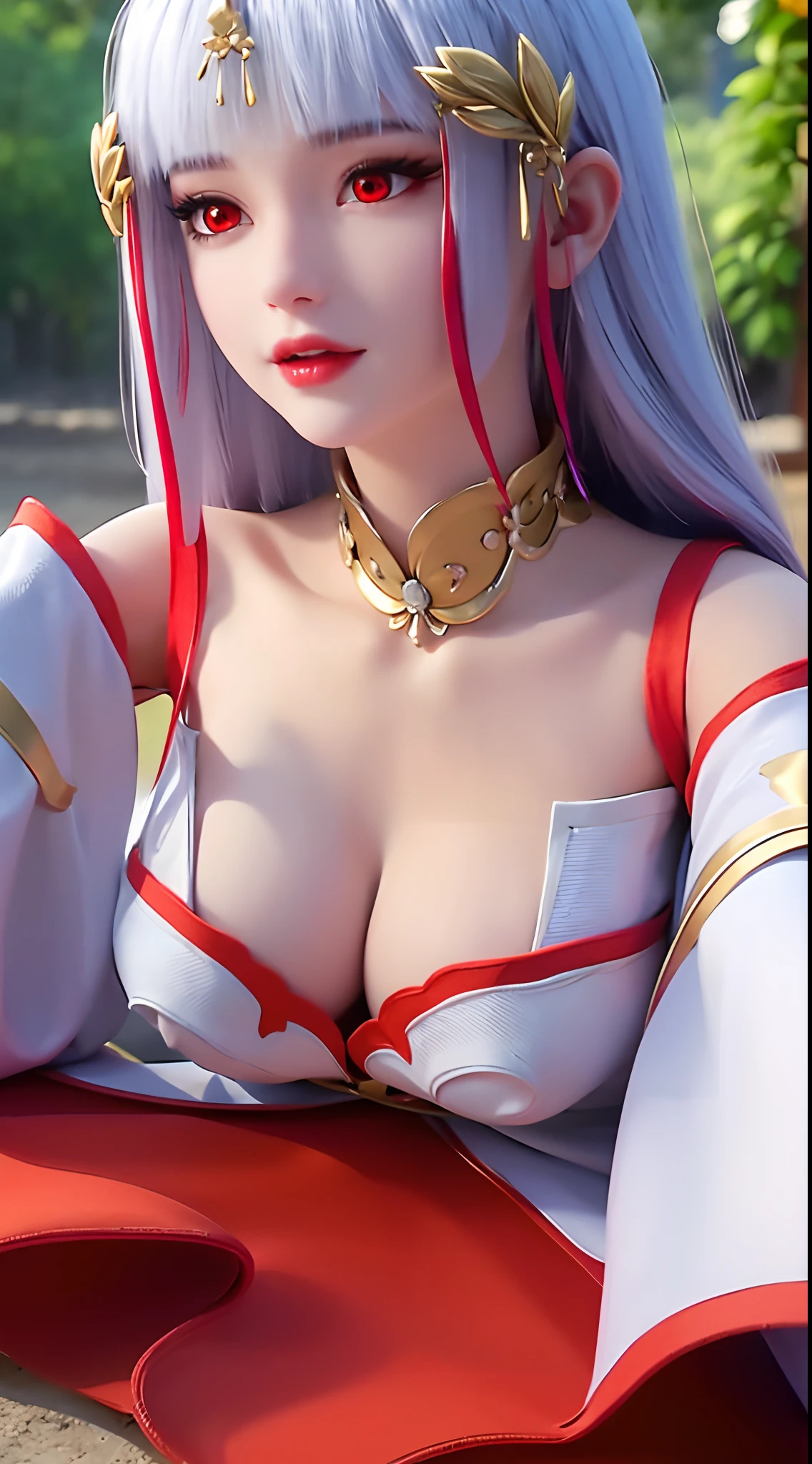 "A beautiful 20 year old young woman, (((sexy slim dress:1.6))), the body is balanced and plump, white dress with red trim, hanfu style, platinum hair color, platinum bangs, the most beautiful and detailed hair jewelry, extremely round shape and face beautiful, thin eyebrows, most beautiful and perfect face, ((black eye pupils:0.8)), very beautiful eyes, ((red eyes:1.4)), eyelashes makeup and beautiful details, high nose, earrings, thin lips, red lips, ((closed mouth: 1.5)), beautiful lips, (((arms behind your back:1))), smooth white skin, most beautiful thighs, ((arms spread out to the sides: 1.5)), strong arms and legs, rosy face, clean face, flawless beautiful face, smooth white skin, cleavage, ((big breasts:1.6)), ((very round breasts:1.3)), ((tight chest:1.2)), ((breast augmentation:1.5)), beautiful breasts, ((lower biceps: 1.5)), sitting across from the audience, hands on the floor, 8k photo quality, super high quality, super realistic, 10x super pixel, realistic photo, studio dark, rim light, two-tone light, (high detail skin: 1.2), ultra 8k, soft light, high quality, volumetric light, realistic, Photo, high resolution, light bright, best photo, 4k quality, Smooth and sharp, 10x pixels, (galaxy:1.7), aurora, lightning, surreal graphics, most realistic graphics, 1 girl, alone, solo, Super sharp, surreal images, closer to the girl, ((frontal portrait:1.5)),"