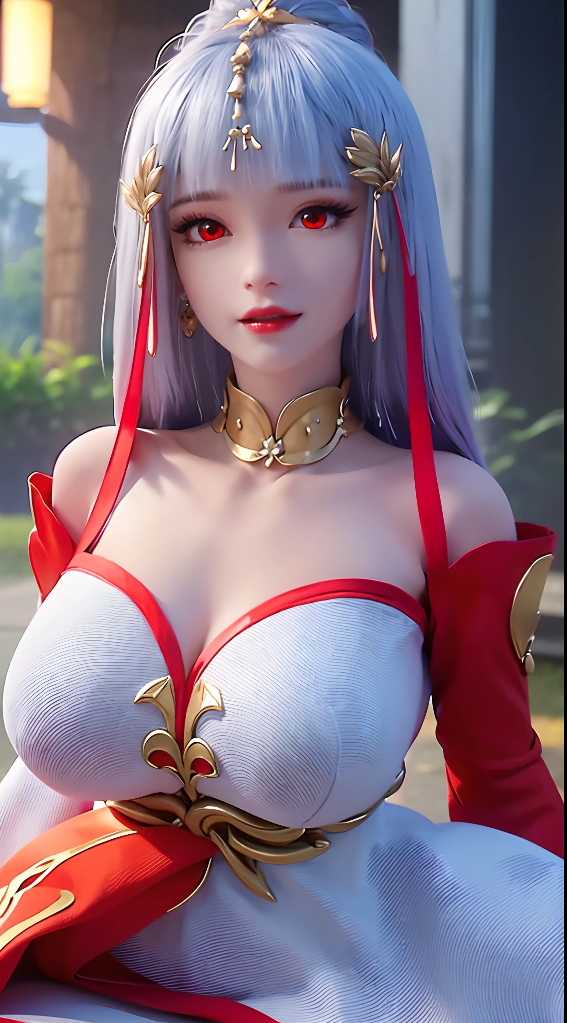 18 year old female，Milky white long hair，red eyes，beautiful eyes，very huge breasts，((3D anime style))，revealing clothes，