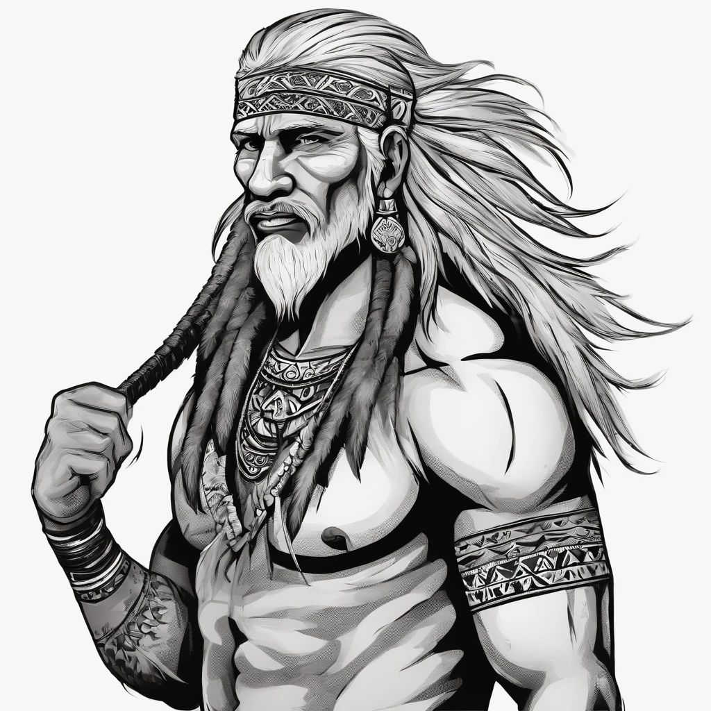 male with wolf ears and a wolf tail, long white hair with flowing long locks, has light beard, shirtless, wearing fingerless gloves, wearing worn jeans, is sweaty
