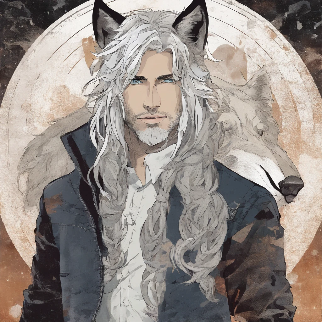 male with wolf ears and a wolf tail, long white hair with flowing long locks, has light beard, shirtless, wearing fingerless gloves, wearing worn jeans, is sweaty