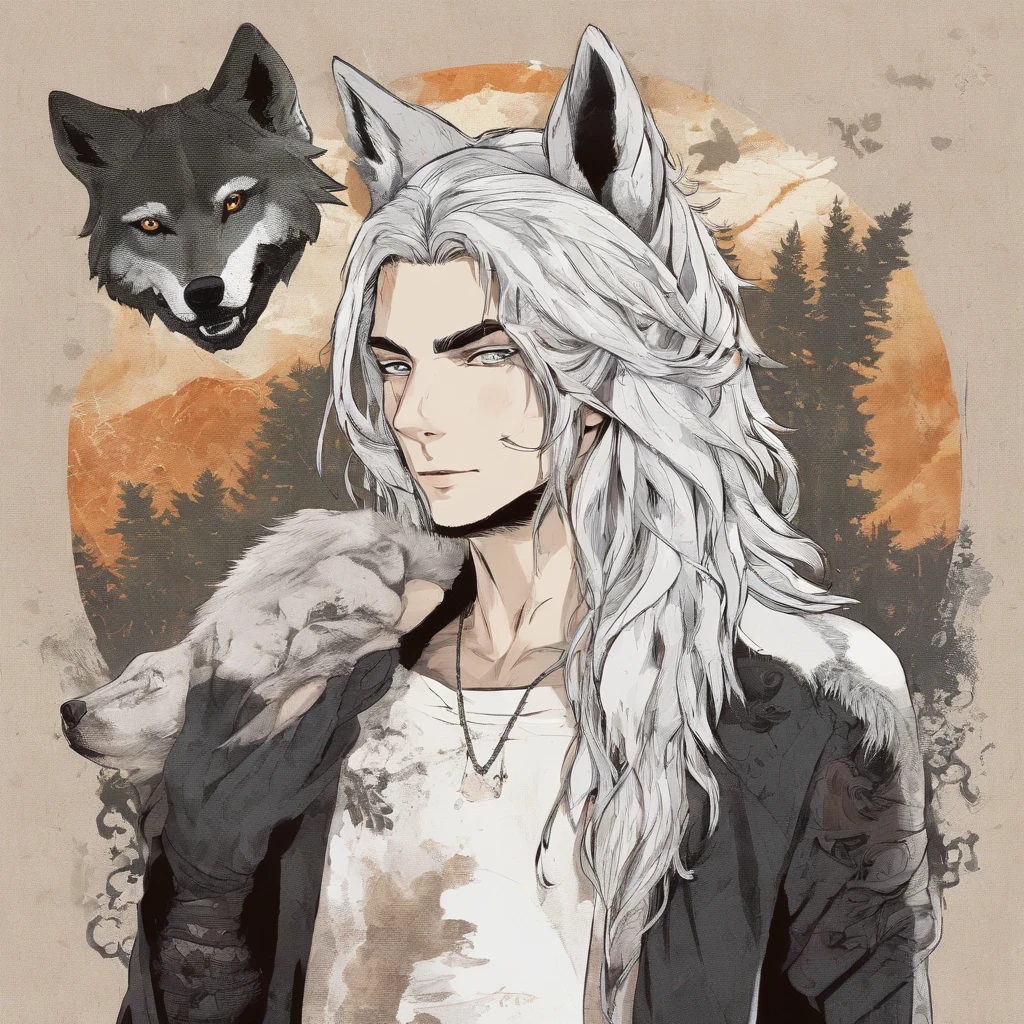 male with wolf ears and a wolf tail, long white hair with flowing long locks, has light beard, shirtless, wearing fingerless gloves, wearing worn jeans, is sweaty