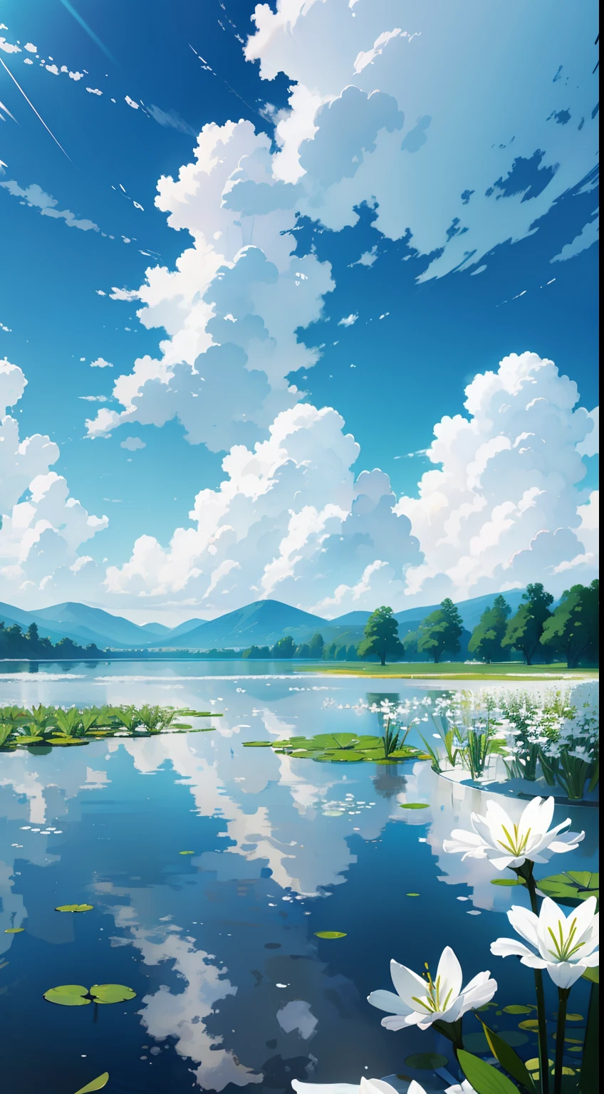 White lily wallpaper, white themed background, blueis water pond, white clouds in the background