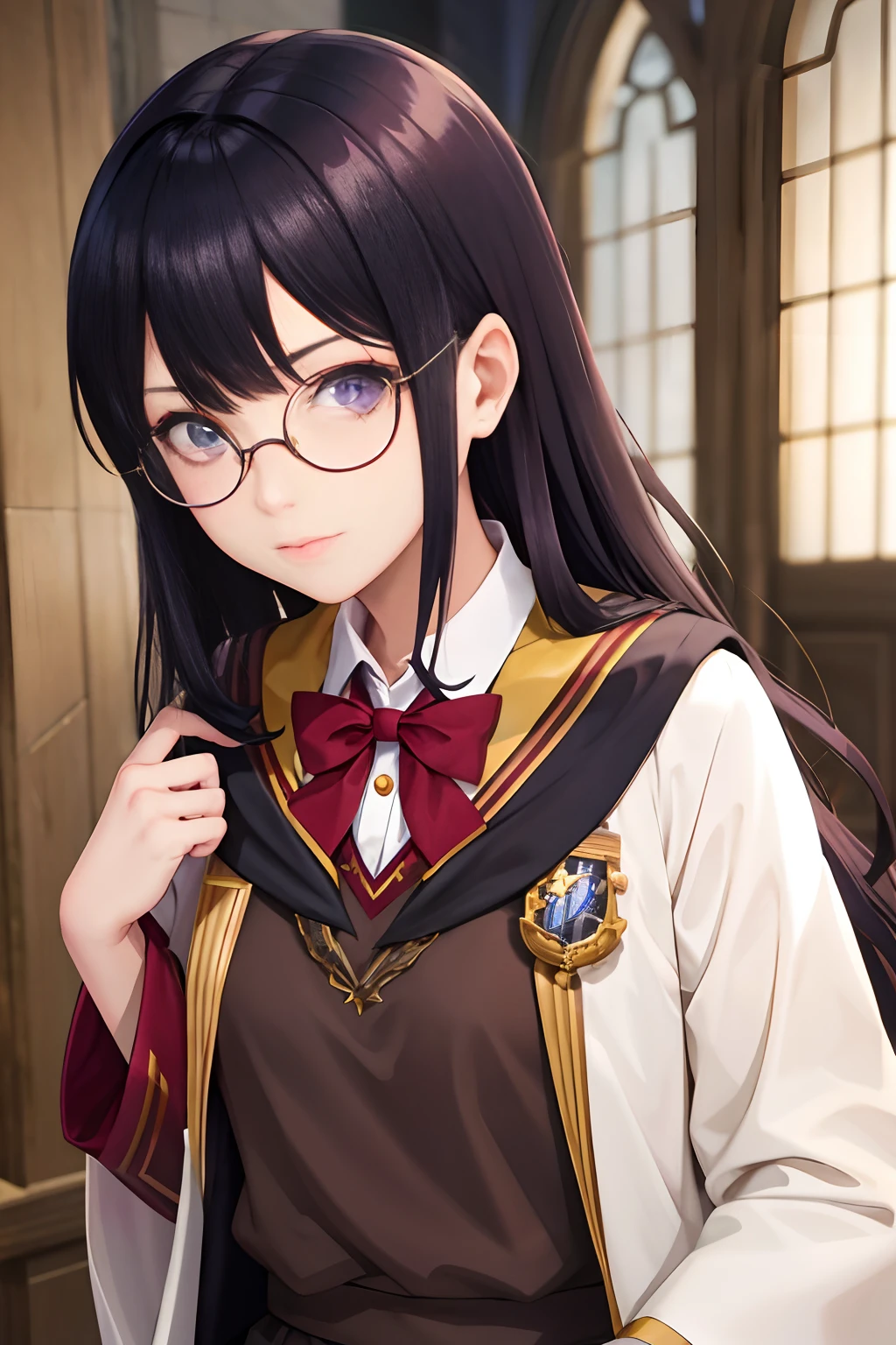a close up of a woman in a harry potter costume, magical school student uniform, gryffindor, harry potter style, wearing hogwarts!!! robes!!!, inspired by Hermione Hammond, magic school uniform, hogwarts style, hermione granger, harry potter portrait, anime girl cosplay, she wears harry potter glasses, in hogwarts, anime cosplay, hermione, cosplay,Blunt Bangs,dark blue hair, purple eyes,
