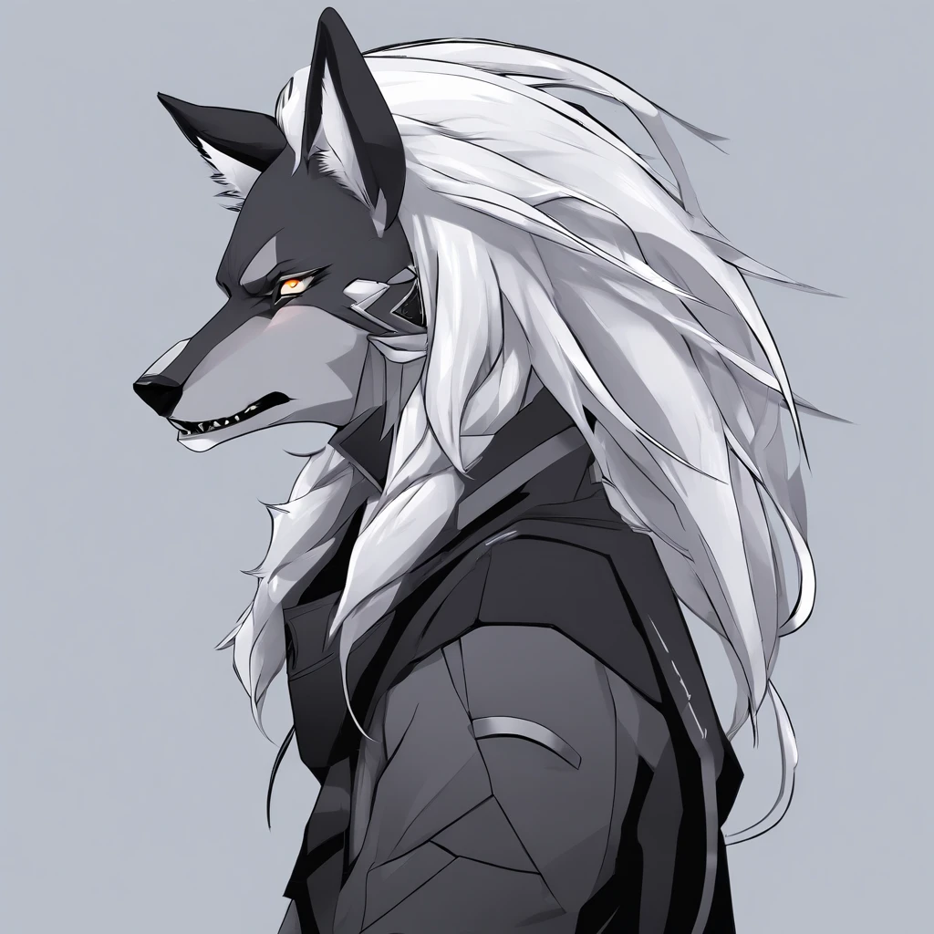 male with wolf ears and a wolf tail, long white hair with flowing long locks, has light beard, shirtless, wearing fingerless gloves, wearing worn jeans, is sweaty