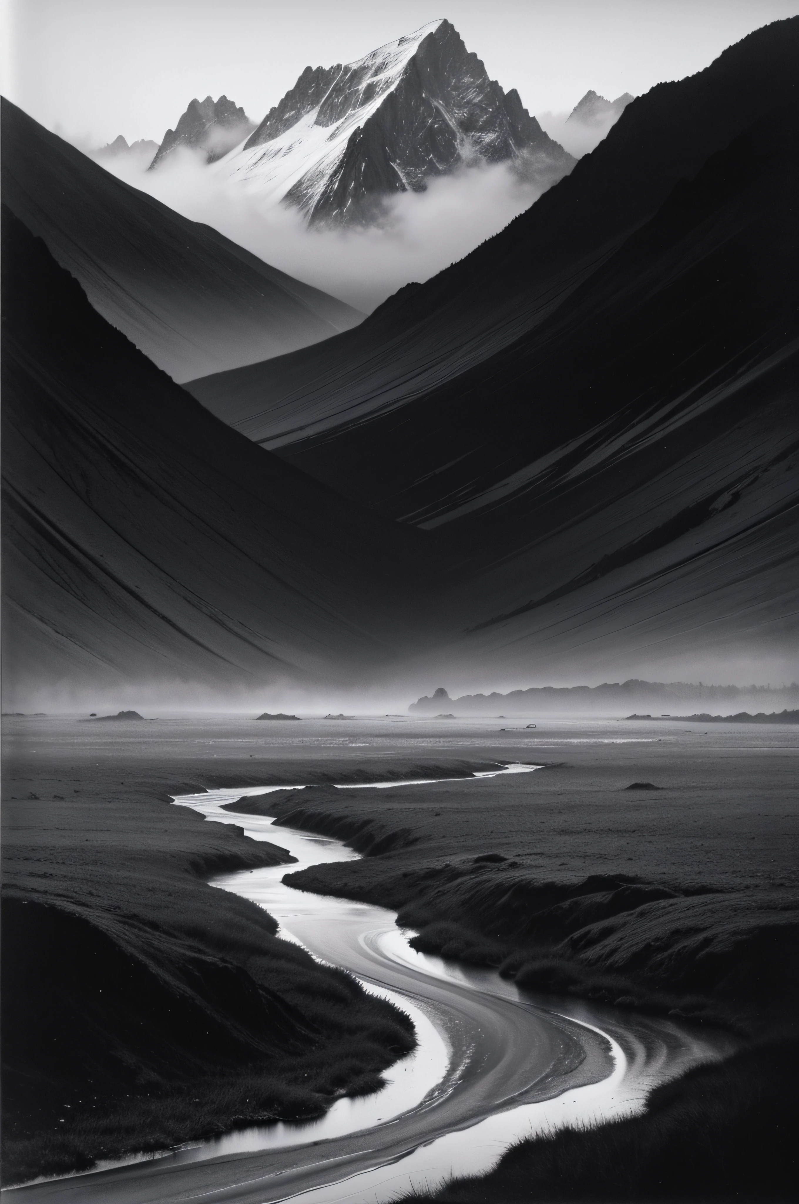 style of Stephen Gammell, watercolors, black and white, swamp, dripping, mountains, valley, tundra, wind