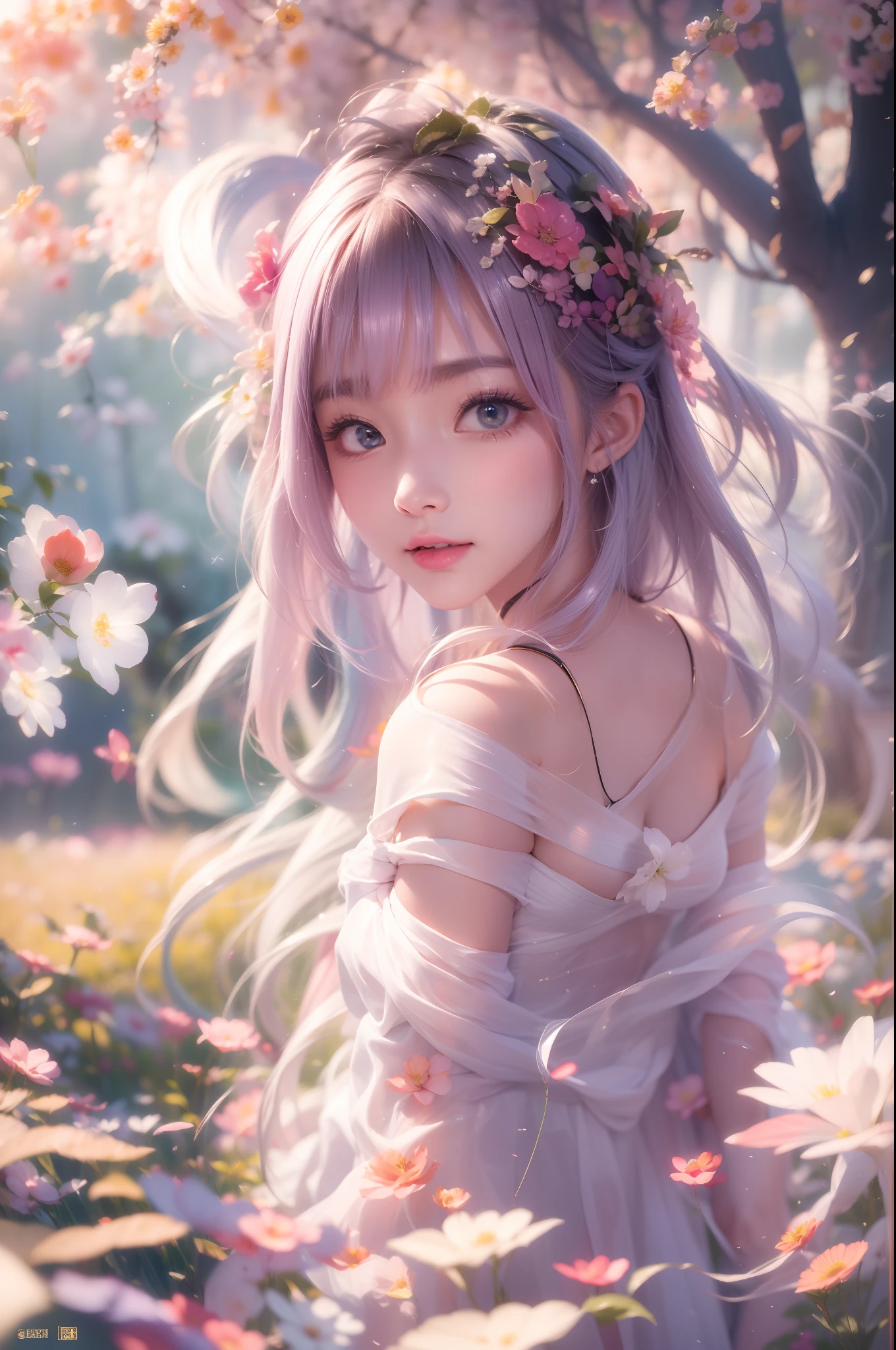 1girll, Solo, full bodyesbian, (Masterpiece:1.21), (Best quality:1.2), Colorful, (illustration:1.2), (Cinematic lighting:1.1), (Bare shoulders:1.21), (鎖骨:1.21) In this whimsical and fantastic garden,The scene is rainbowed(colorful fireflies)illuminate,dance through the air。soft(Drizzle)Decorate the garden,It creates a hazy and ethereal atmosphere。In the center of the screen,There was a single teenage girl standing,Extremely delicate girl,Lovely facial features,The expression is innocent。Her long hair fluttered in the wind。She wears an ultra-low-cut strapless dress,Highlight her delicate curves。The lighting is very delicate and beautiful,Creates a soft and warm glow,Highlights the surface of the water,making it sparkle like diamonds。The finest grass is also illuminated,Create a lush carpet。The garden is surrounded by colorful fields of flowers,Flowers of all colors and shapes bloom。Various colors and sizes can be seen(Colorful butterflies)Fly around the scene,It adds to the overall sense of wonder and magic。 (Gentlemen),A flush is visible at the bridge of the nose,The mouth opened slightly,It also adds to the overall sense of innocence and youthfulness。Falling petals can be seen floating around her,It adds to the overall romance and beauty。A gentle breeze,The leaves rustle,Flowers sway,Adds to the overall dynamism and vitality。It is a scene of pure wonder and magic,Full of color and beauty,Viewers can lose themselves in this fascinating world。