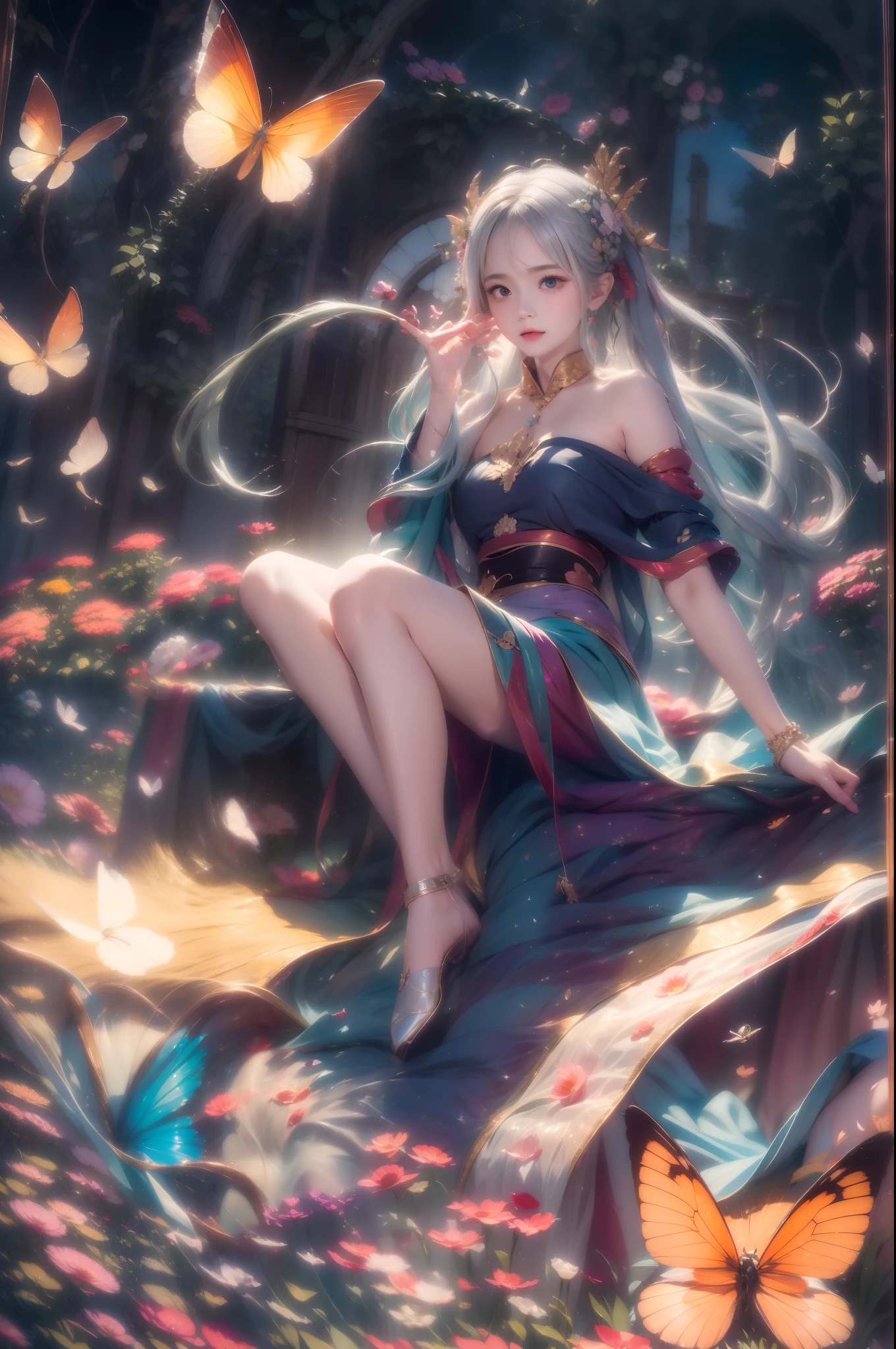 1girll, Solo, full bodyesbian, (Masterpiece:1.21), (Best quality:1.2), Colorful, (illustration:1.2), (Cinematic lighting:1.1), (Bare shoulders:1.21), (鎖骨:1.21) In this whimsical and fantastic garden,The scene is rainbowed(colorful fireflies)illuminate,dance through the air。soft(Drizzle)Decorate the garden,It creates a hazy and ethereal atmosphere。In the center of the screen,There was a single teenage girl standing,Extremely delicate girl,Lovely facial features,The expression is innocent。Her long hair fluttered in the wind。She wears an ultra-low-cut strapless dress,Highlight her delicate curves。The lighting is very delicate and beautiful,Creates a soft and warm glow,Highlights the surface of the water,making it sparkle like diamonds。The finest grass is also illuminated,Create a lush carpet。The garden is surrounded by colorful fields of flowers,Flowers of all colors and shapes bloom。Various colors and sizes can be seen(Colorful butterflies)Fly around the scene,It adds to the overall sense of wonder and magic。 (Gentlemen),A flush is visible at the bridge of the nose,The mouth opened slightly,It also adds to the overall sense of innocence and youthfulness。Falling petals can be seen floating around her,It adds to the overall romance and beauty。A gentle breeze,The leaves rustle,Flowers sway,Adds to the overall dynamism and vitality。It is a scene of pure wonder and magic,Full of color and beauty,Viewers can lose themselves in this fascinating world。