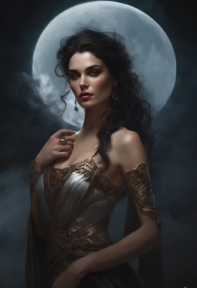 A portrait of a beautiful Queen Mab Mab, perfect body, moon reflecting off face, dark hair, Apocalyptic, Viktor Miller, Kyle Lambert, Charlie Davis, divine proportion, ink, artwork, Royo, cinematic, 16k, sharp focus emitting diodes smoke sparks artstation hyper realism painting concept art of detailed character design matte painting