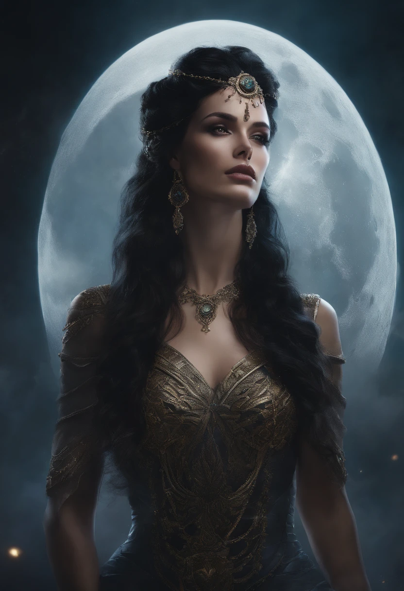 Vampire who looks like monica belluci in ancient roman ruins, night, strong moonlight, photo realism, dynamic lighting, eve ventrue, glowing gold eyes, gothic, eerie, Creepy, nightmarish, Very bright colors, Light particles, with light glowing, wallpaper art, UHD wallpaper