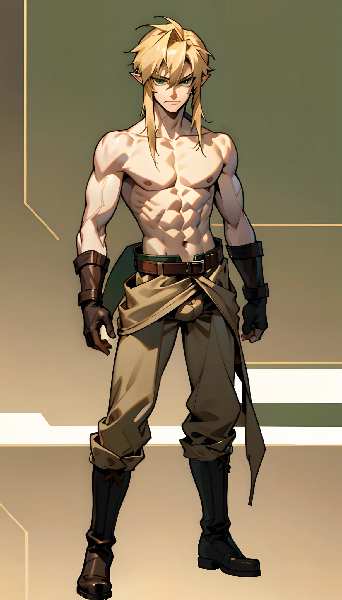 blond, tall, green-eyed guy, viking style, russian hero style, strong,  anime style, anime  , link, ( short gloves), standing, (topless:1.5) , (muscular:0.6),(sport:0.2), (empty dojo),(smiling:0.1), (dominant),(evil)(confident)(sadistic)(adult:1.5)(masculine:1.2)(slender:0.1)(from below:0.3)(powerful)(looking at viewer), (combat boots), belt, (beige pants)