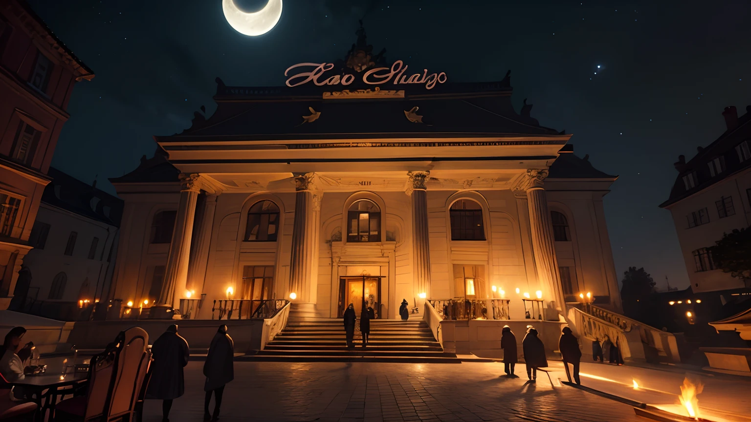 baroque,the night,Fire candles,Gorgeous building,A sense of mystery, Sky plus moon,The lights dim