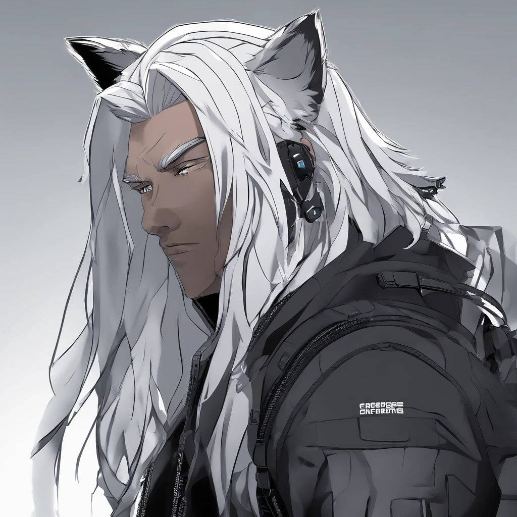 male with wolf ears and a wolf tail, long white hair with flowing long locks, has light beard, shirtless, wearing fingerless gloves, wearing worn jeans, is sweaty