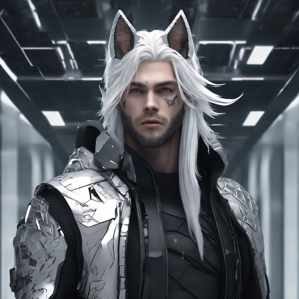 male with wolf ears and a wolf tail, long white hair with flowing long locks, has light beard, shirtless, wearing fingerless gloves, wearing worn jeans, is sweaty