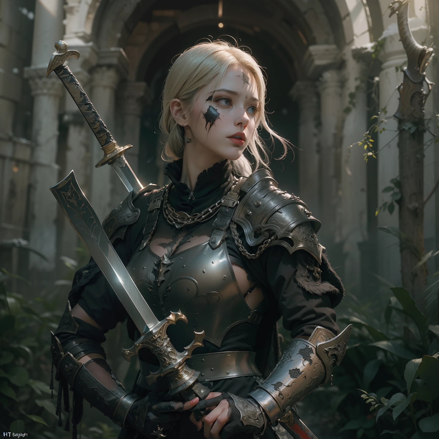 (Numerous award-winning masterpieces of, With incredible details, textures and maximum detail), (Ultra photo realsisim:1.4), (Realistic:1.3), (up of the upper body:0.3), (best quality real texture skin), (full-body standing image:1.8), (finely detailed true circle eyes), (Fine and meticulous beautiful face:1.6), ((medieval world)), Dark black leather mask, (Old knight in black), Beautifully decorated sword, In the dungeon, (Dark black full body armor,Exquisitely decorated), (The armor is scarred,But beautifully decorated:1.5), Not wearing a helmet, (full-body portraits:1.8), ((head looking up)), ((Looking down)), (Grip the hilt of an elaborately decorated black longsword,The hilt of the sword emits a terrifying light:1.7), (dramatic pose), Beautiful white hair, Beautiful silver hair, beautiful blonde hair ,black web robe, Spider on armor, Strong warriors, Agile Warrior, fantasy, ((Dramatic photo)), ((dynamic photo)), Full body view, Highly detailed, Ultra-realistic, Intricate details, Painting (artwork of a), ((Masterpiece,Best quality)), ((Cinematic light)), Ultra photo realsisim, fearsome, Dark fantasy , Detailed armor, Detailed helmet, epic realistic, Faded, ((com cores neutras)), art, (hdr:1.5), (pastel colour:1.2), ultra - detailed, (Art Station:1.5), Cinematic, warm lights, Light effect, Dramaticlight, (Intricate details:1.1), the complex background, (greg rutkovsky:0.8), (Teal and orange:0.4), (swirling fire), (Spin lightning), (Swirling snow and ice), Old ruins infested with plants, Ruins of an old castle, Ancient Castle Site, Abandoned mine, Deserted ruins, crumbling ruins, Ruins with clear puddles, Twilight, Sunset, Dusk, battlefield, Bio-luminescence,