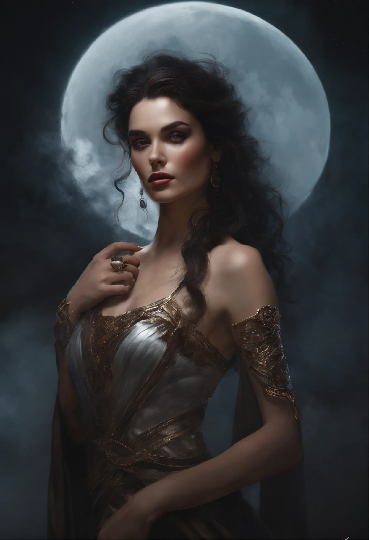 A portrait of a beautiful Queen Mab Mab, perfect body, moon reflecting off face, dark hair, Apocalyptic, Viktor Miller, Kyle Lambert, Charlie Davis, divine proportion, ink, artwork, Royo, cinematic, 16k, sharp focus emitting diodes smoke sparks artstation hyper realism painting concept art of detailed character design matte painting