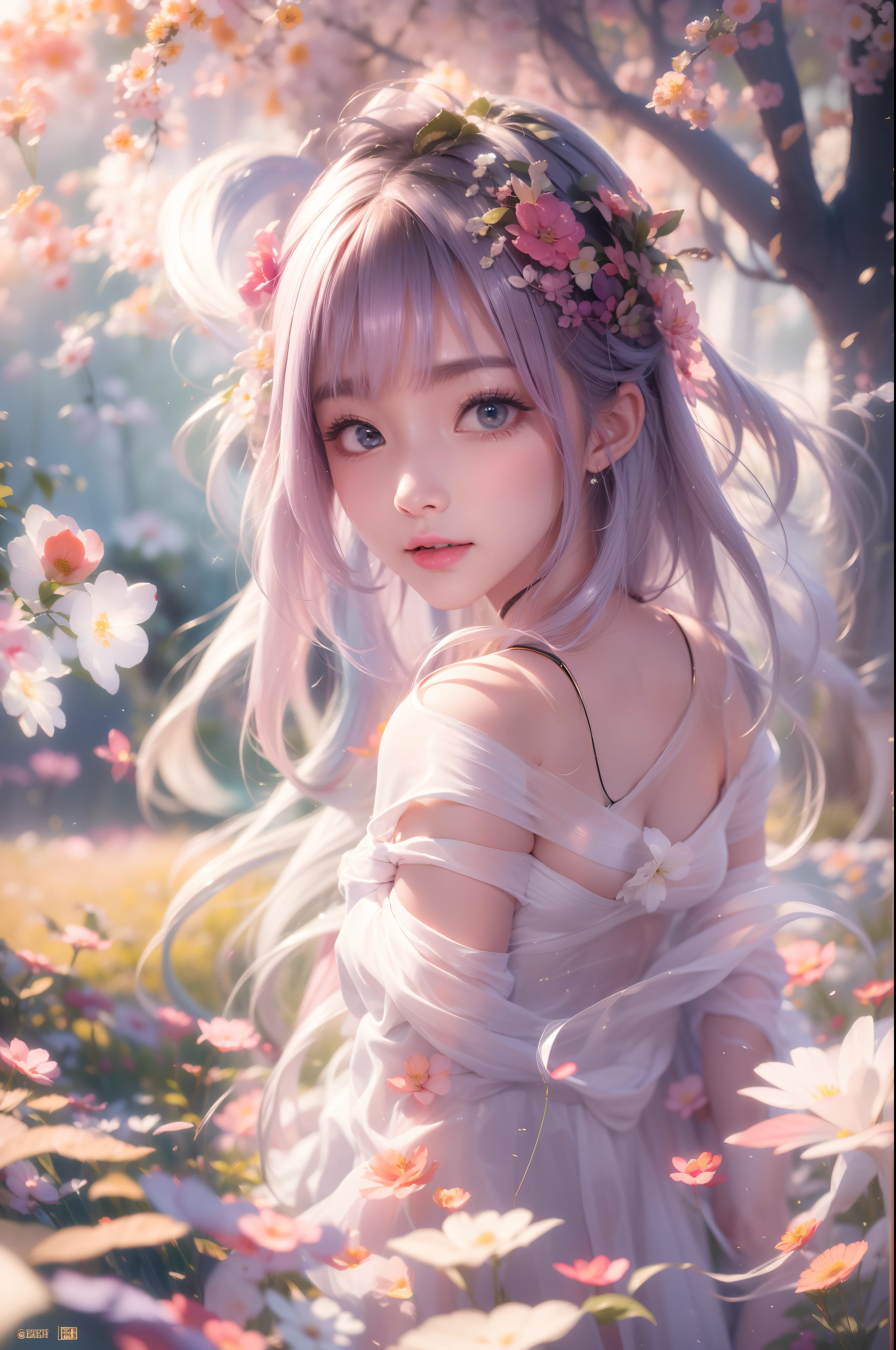 1girll, Solo, full bodyesbian, (Masterpiece:1.21), (Best quality:1.2), Colorful, (illustration:1.2), (Cinematic lighting:1.1), (Bare shoulders:1.21), (鎖骨:1.21) In this whimsical and fantastic garden，The scene is rainbowed（colorful fireflies）illuminate，dance through the air。soft（Drizzle）Decorate the garden，It creates a hazy and ethereal atmosphere。In the center of the screen，There was a single teenage girl standing，Extremely delicate girl，Lovely facial features，The expression is innocent。Her long hair fluttered in the wind。She wears an ultra-low-cut strapless dress，Highlight her delicate curves。The lighting is very delicate and beautiful，Creates a soft and warm glow，Highlights the surface of the water，making it sparkle like diamonds。The finest grass is also illuminated，Create a lush carpet。The garden is surrounded by colorful fields of flowers，Flowers of all colors and shapes bloom。Various colors and sizes can be seen（Colorful butterflies）Fly around the scene，It adds to the overall sense of wonder and magic。 （Gentlemen），A flush is visible at the bridge of the nose，The mouth opened slightly，It also adds to the overall sense of innocence and youthfulness。Falling petals can be seen floating around her，It adds to the overall romance and beauty。A gentle breeze，The leaves rustle，Flowers sway，Adds to the overall dynamism and vitality。It is a scene of pure wonder and magic，Full of color and beauty，Viewers can lose themselves in this fascinating world。