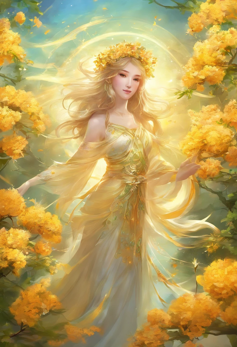 sweet osmanthus,The flowers are petite,dense,The cluster is connected to the cluster,Look from afar,The green leaves seem to be dotted with broken gold,in a sunbeam,Osmanthus tree full of osmanthus flowers,Shimmering with golden light,Particularly dazzling,Exceptionally beautiful,