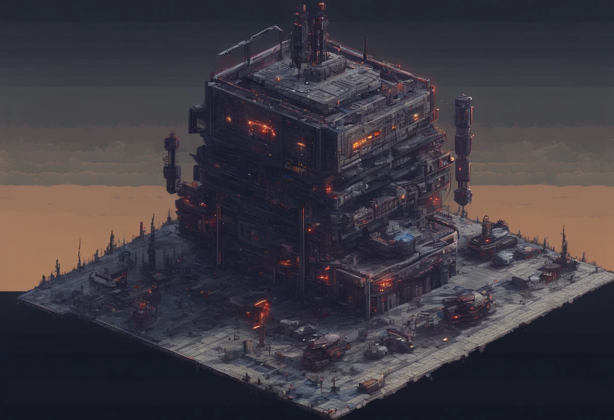 (pixel-art style:1.4), a giant walking mech, sci-fi military base, moonlight, view from above, isometric, (octane render:1.1), intricate details, (vivid colors:1.5), (turrets), (pixel-art style:1.4)
