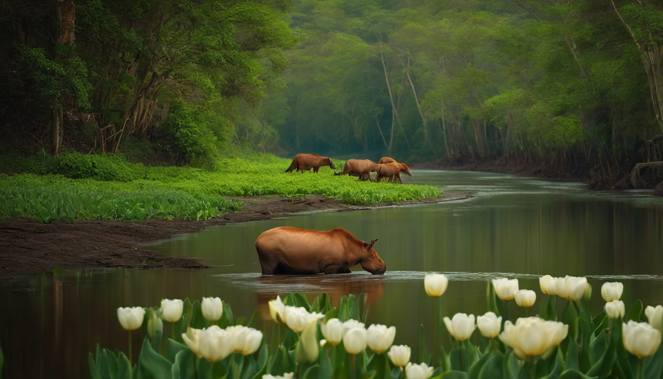 tulisan animals dengan banyak hewan,laatar belakang hutan yang hijau dan sungai