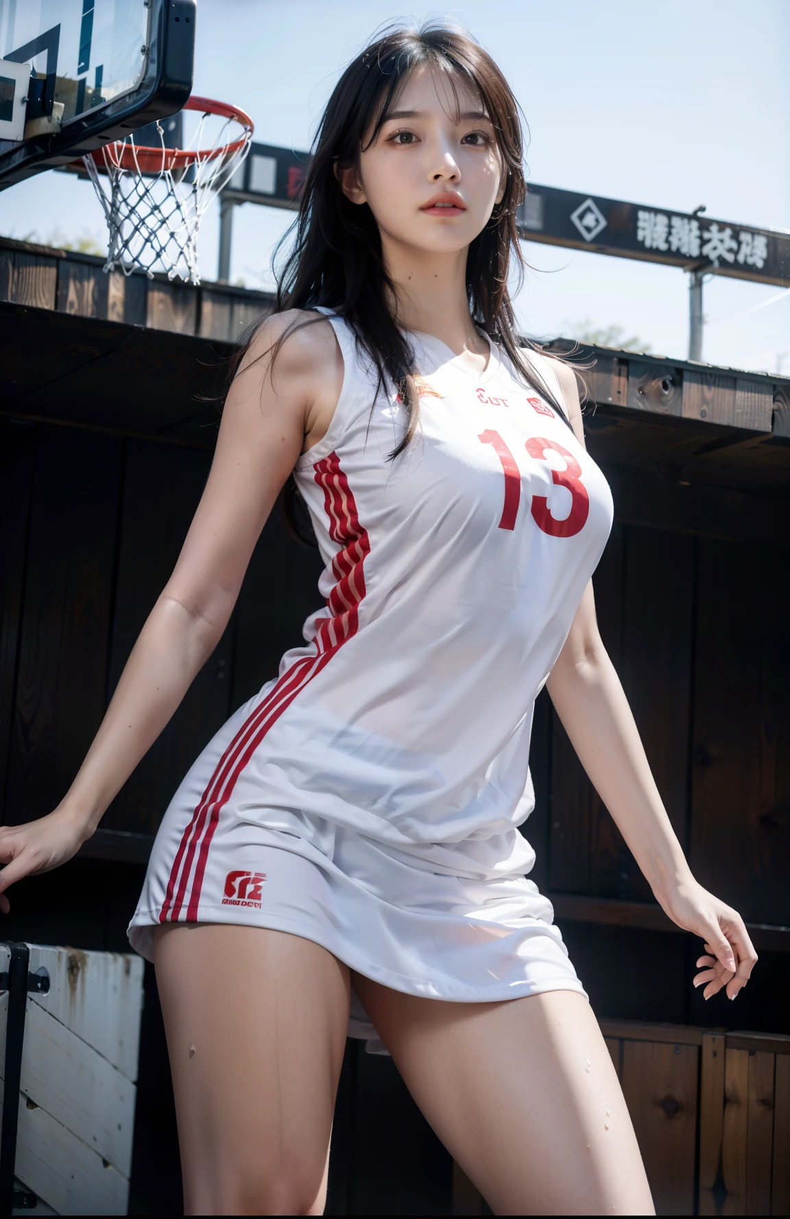 Top quality, 超高分辨率, (Photorealistic: 1.4), 8K resolution, (Woman in basketball uniform), (Random hair: 1.3), (photo-realistic hair: 1.2), (Realistic eyes: 1.2), (beautfully face: 1.3), (Large breasts:1.3), (Wet skin: 1.2),(Dynamic Angle:1.1),sweat leggs,at basketball court,low chest,无袖,(White thighs)(Cowboy shot)